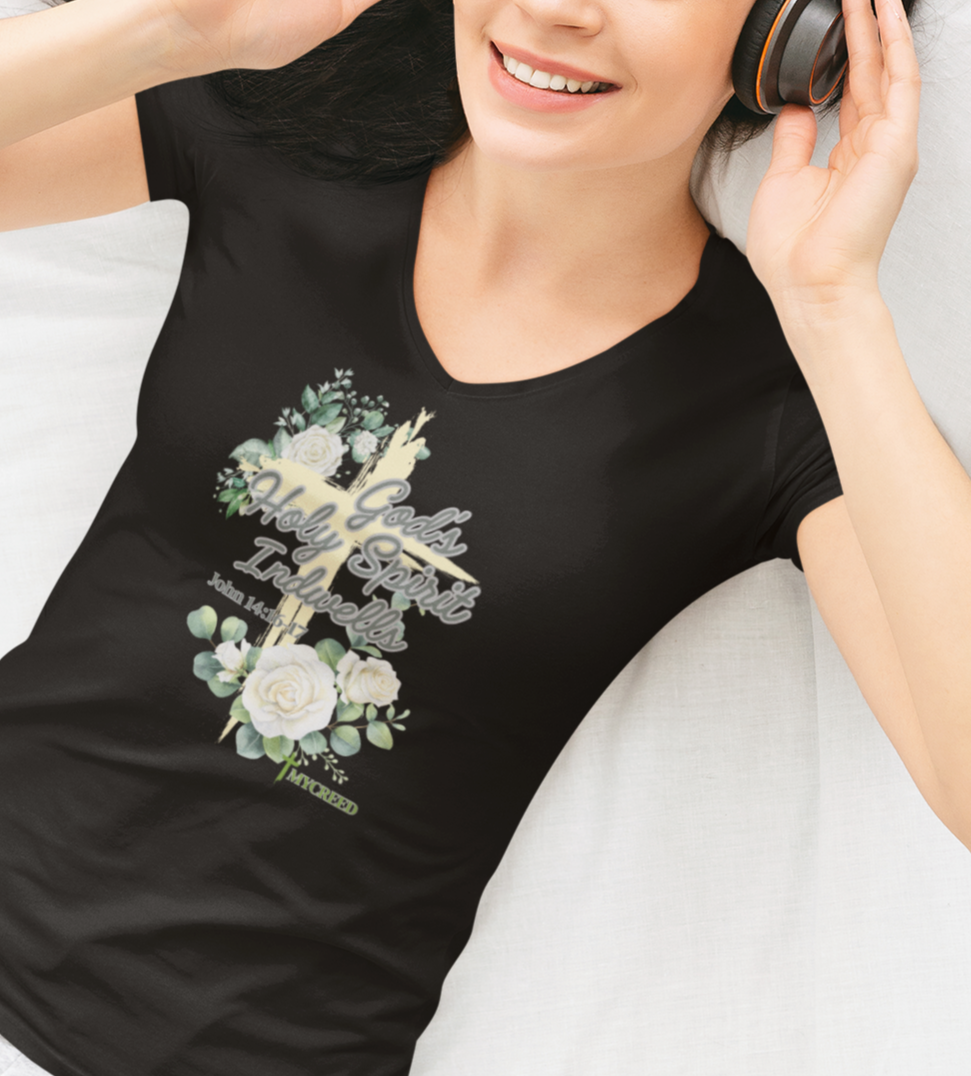 Faith-based women’s v-neck tee featuring God’s Holy Spirit Indwells message, Christian lifestyle clothing by MyCreed.