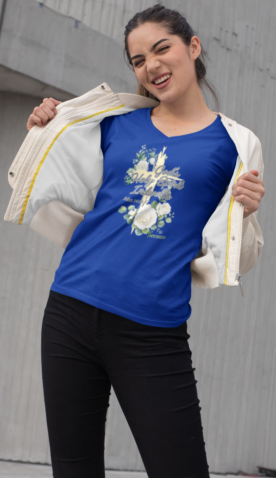 God's Holy Spirit Indwells District® Women’s V-Neck Tee by MyCreed | John 14:16-17
