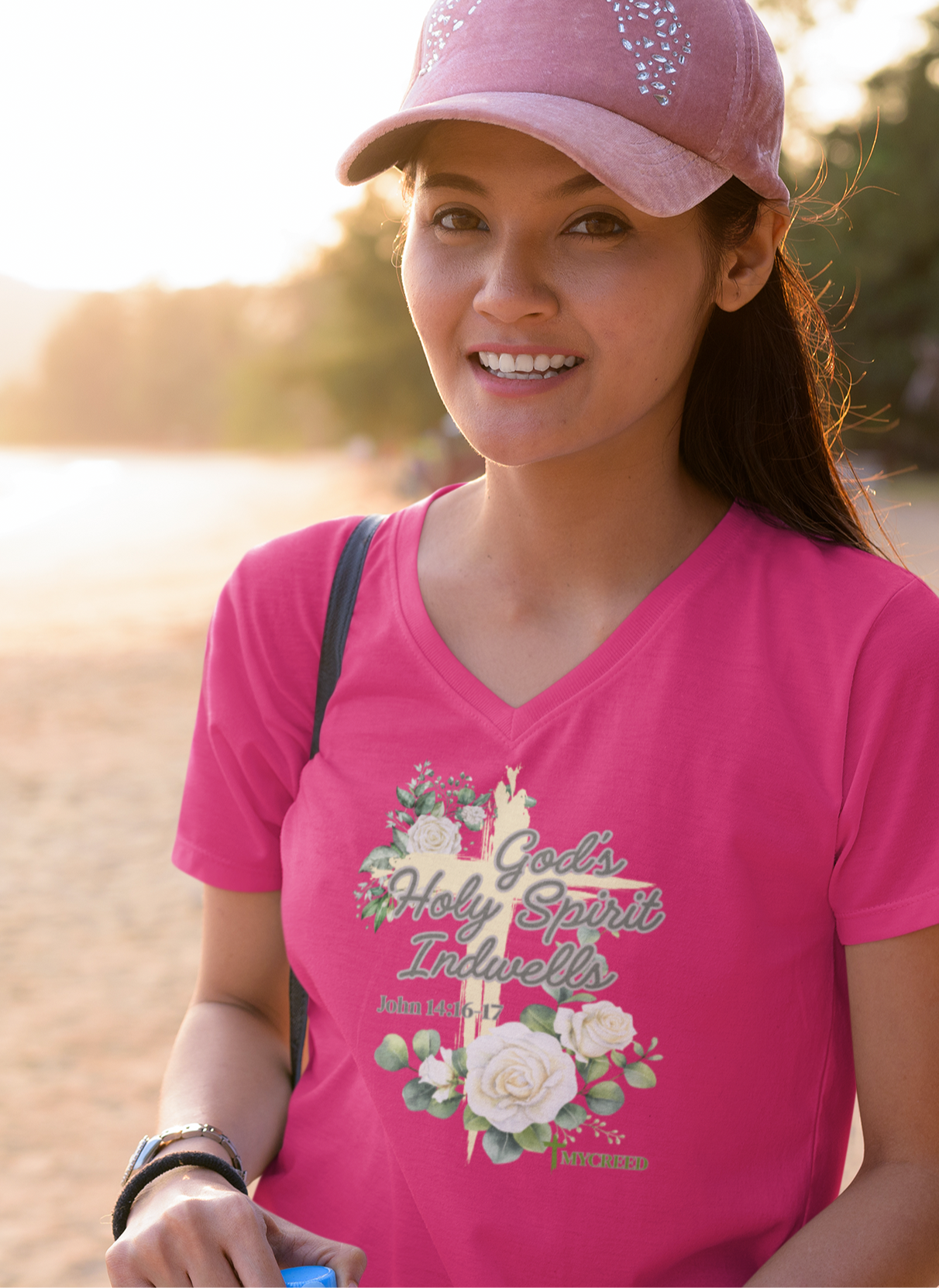 God's Holy Spirit Indwells District® Women’s V-Neck Tee by MyCreed | John 14:16-17