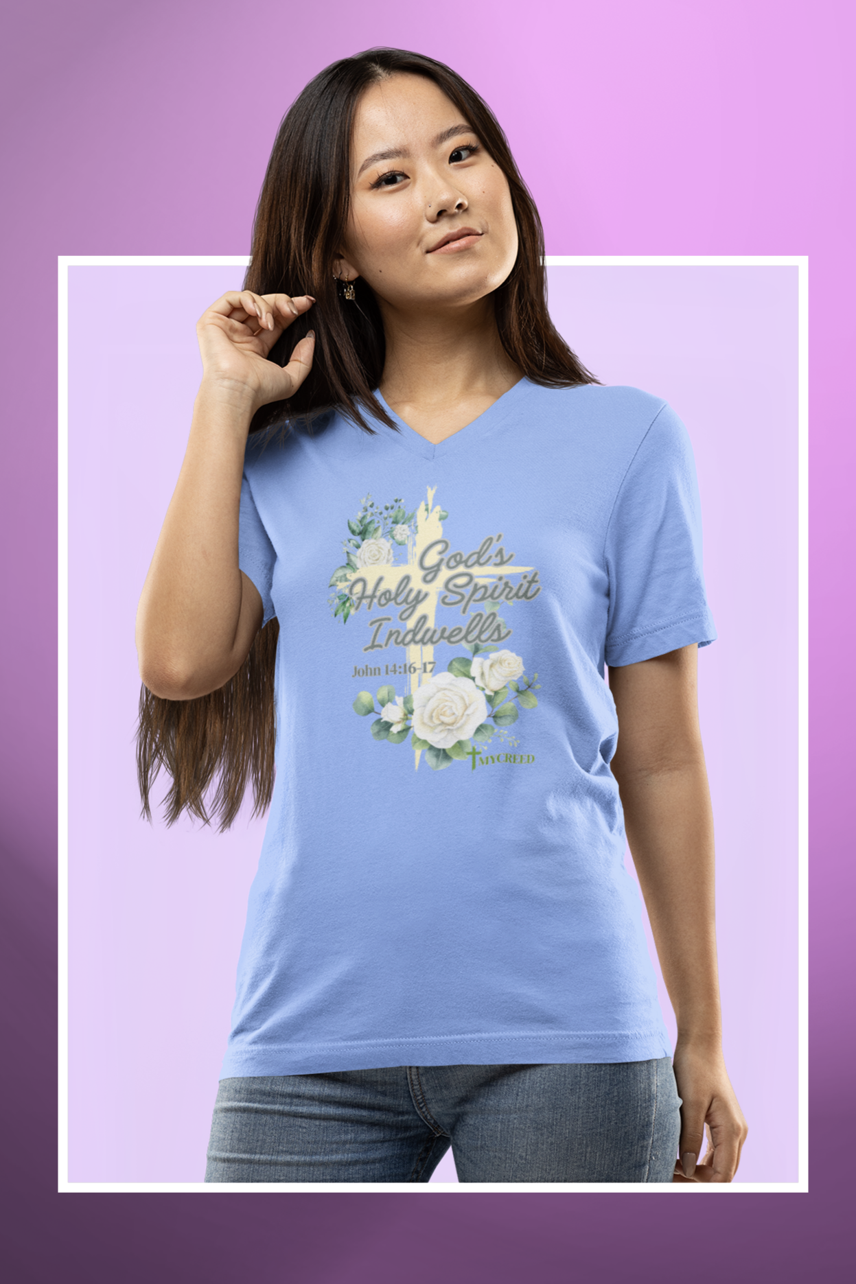 God's Holy Spirit Indwells District® Women’s V-Neck Tee by MyCreed | John 14:16-17