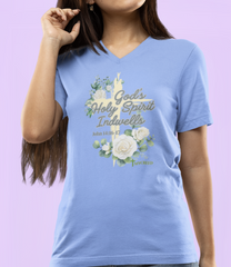 Religious women’s v-neck Christian shirt, Holy Spirit indwelling theme, scripture faith fashion by MyCreed.