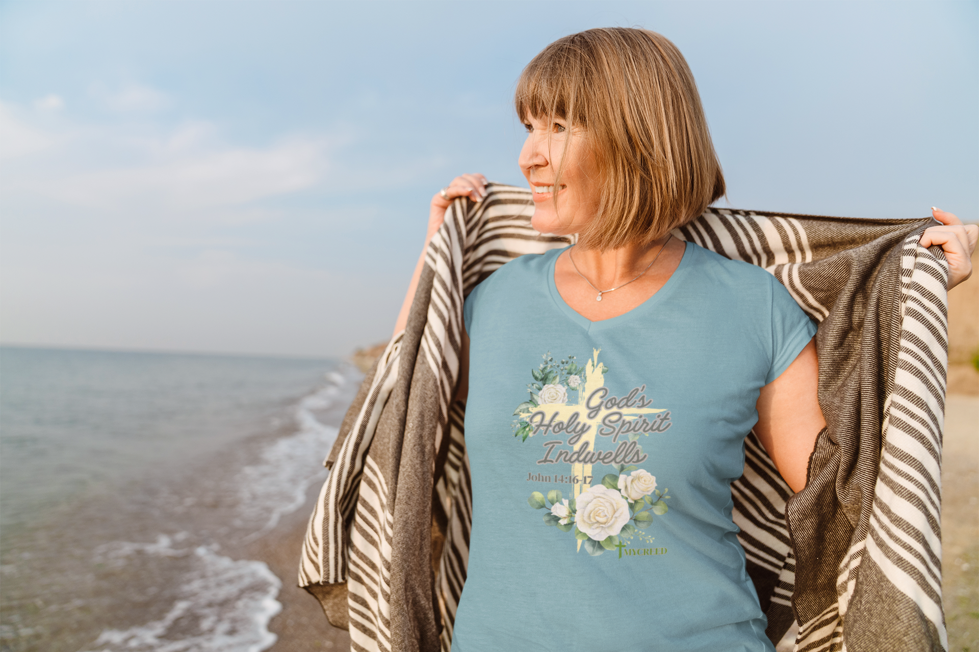 God's Holy Spirit Indwells District® Women’s V-Neck Tee by MyCreed | John 14:16-17