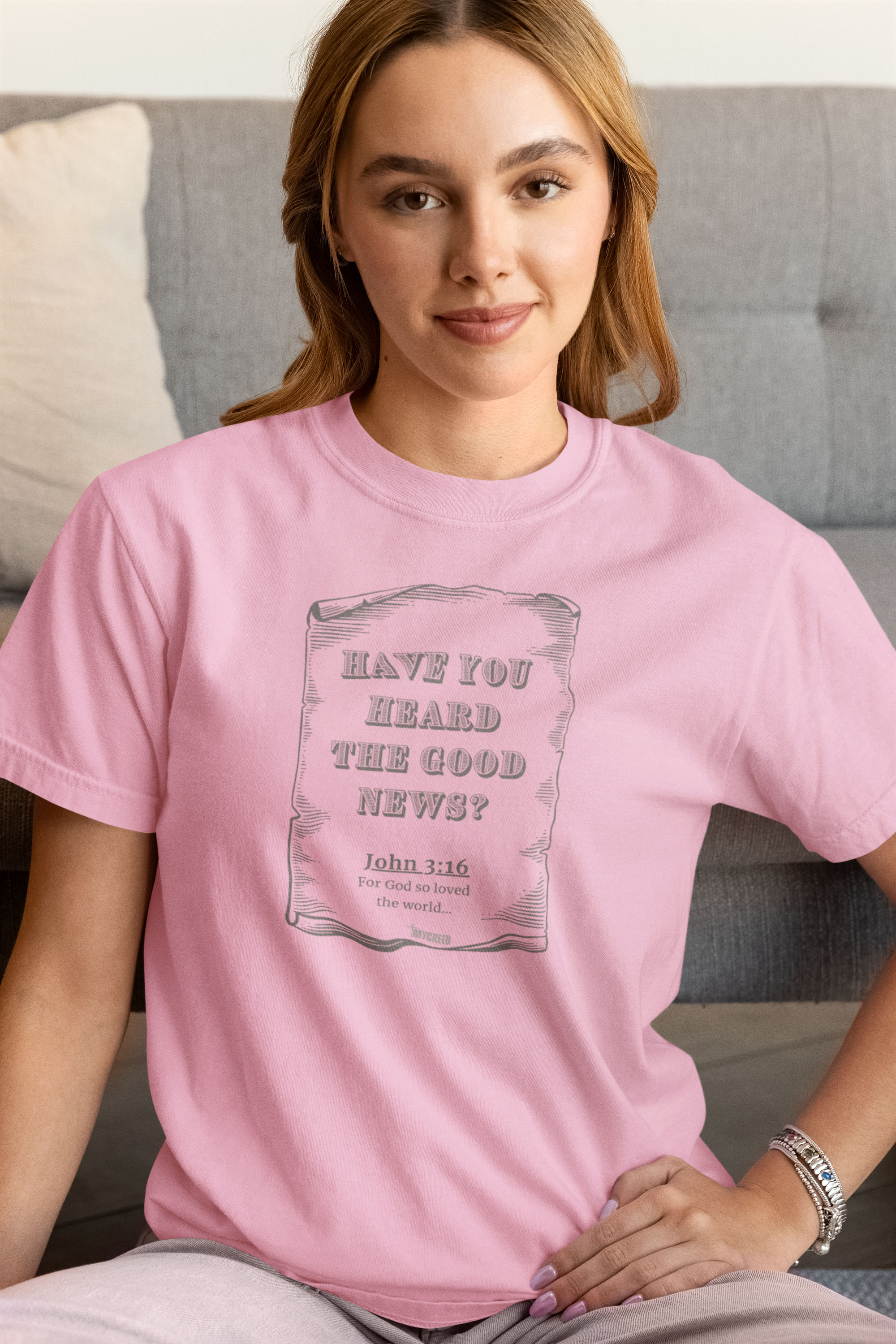 The Good News 3:16 Christian t-shirt by MyCreed with vintage scroll and John 3:16 on Blossom Pink Comfort Colors 1717 garment-dyed tee.