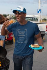 The Good News 3:16 Christian t-shirt by MyCreed with vintage scroll and John 3:16 on Midnight Blue Comfort Colors 1717 garment-dyed tee.