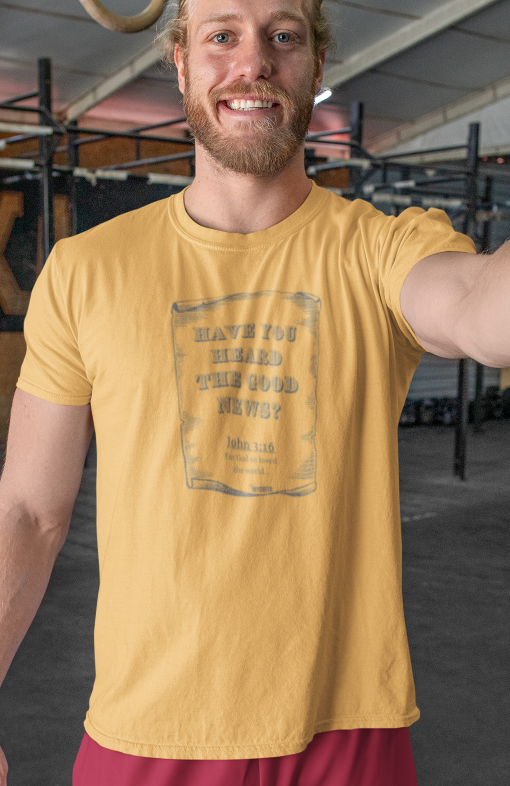 The Good News 3:16 Christian t-shirt by MyCreed with vintage scroll and John 3:16 in mustard yellow, Comfort Colors 1717 garment-dyed tee.