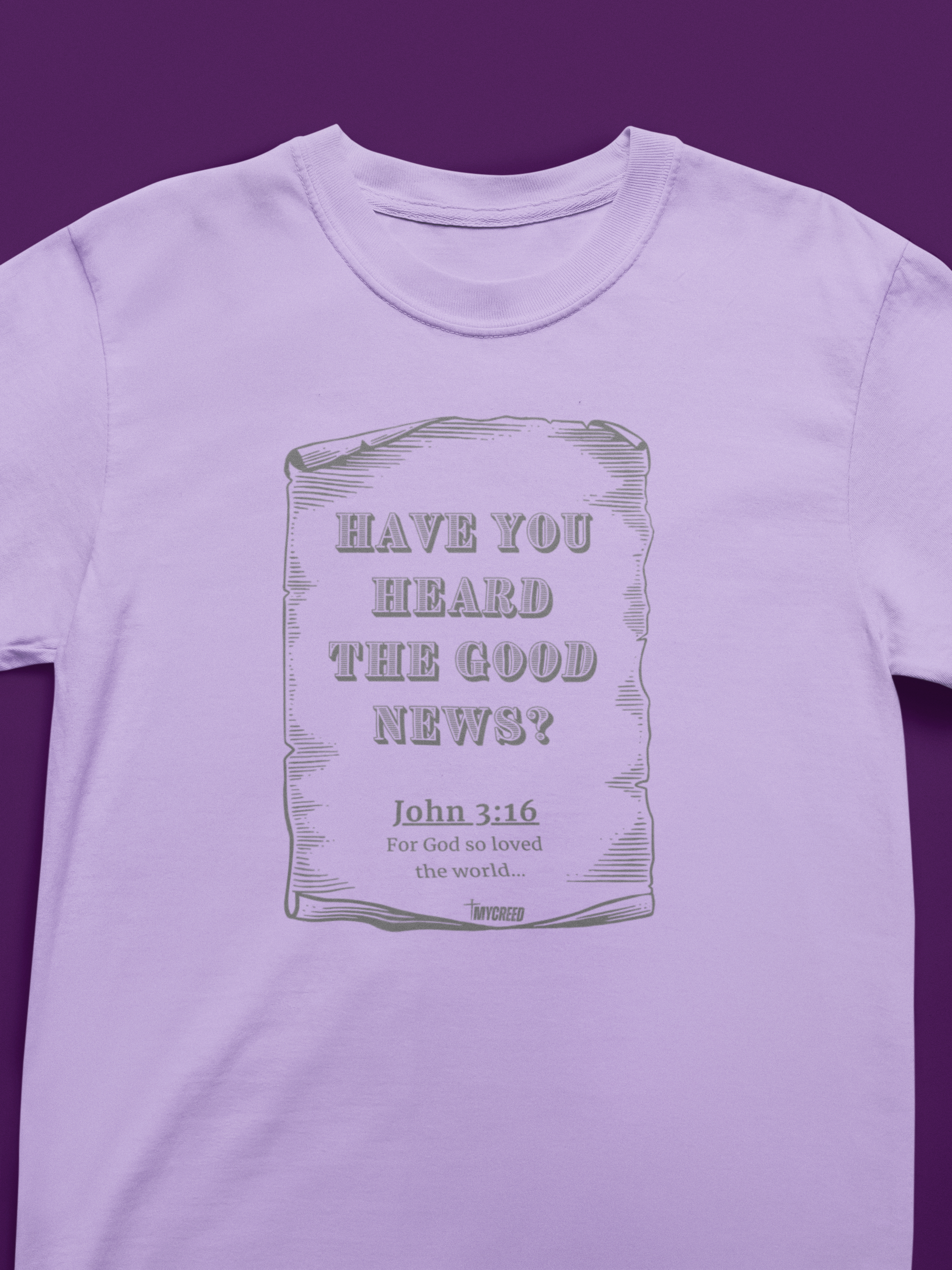 The Good News 3:16 Christian t-shirt by MyCreed with vintage scroll and John 3:16 in ORCHID, SOFT PURPLE, Comfort Colors 1717 garment-dyed tee.