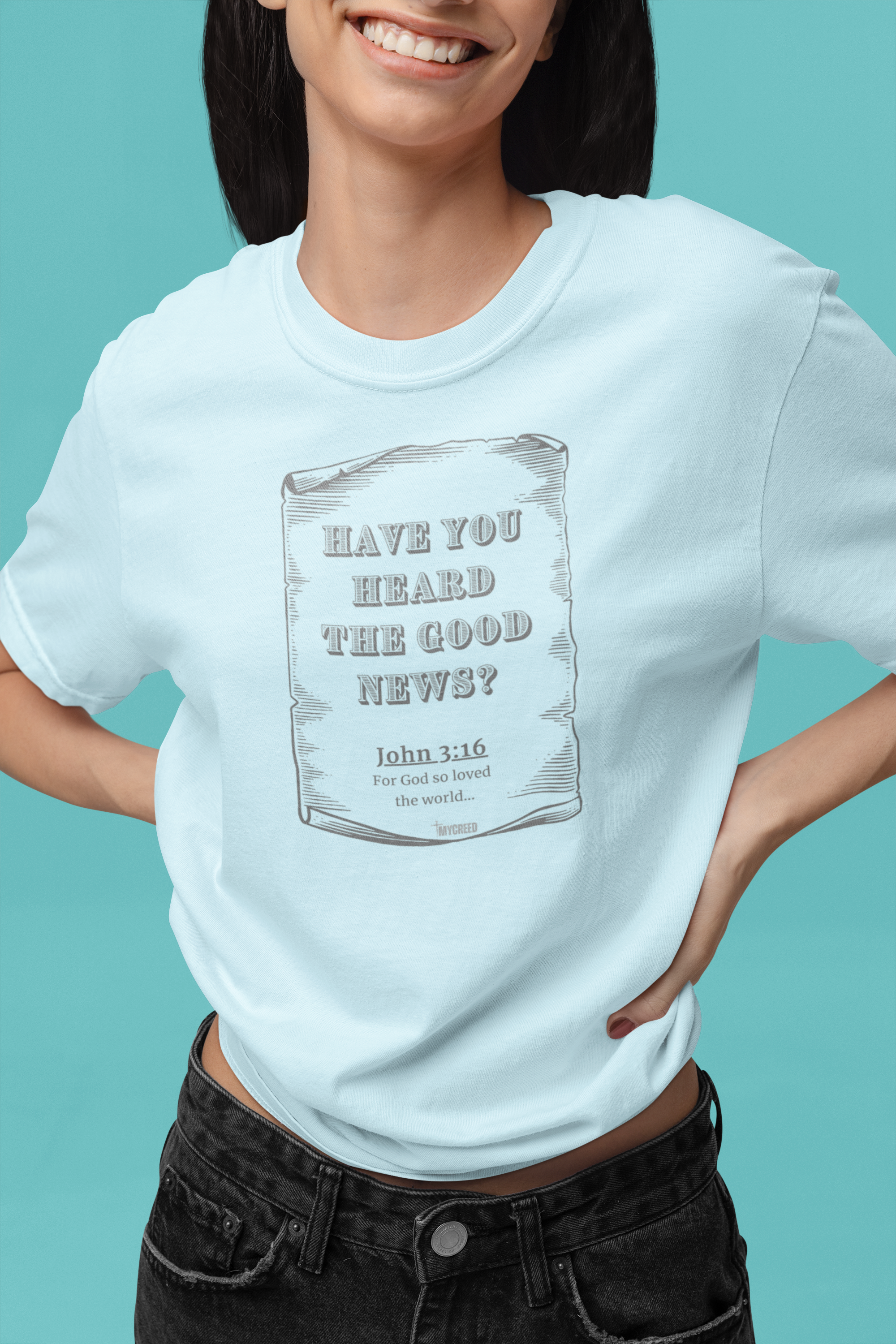 The Good News 3:16 Christian t-shirt by MyCreed with vintage scroll and John 3:16 on Chambray Light Blue Comfort Colors 1717 garment-dyed tee.
