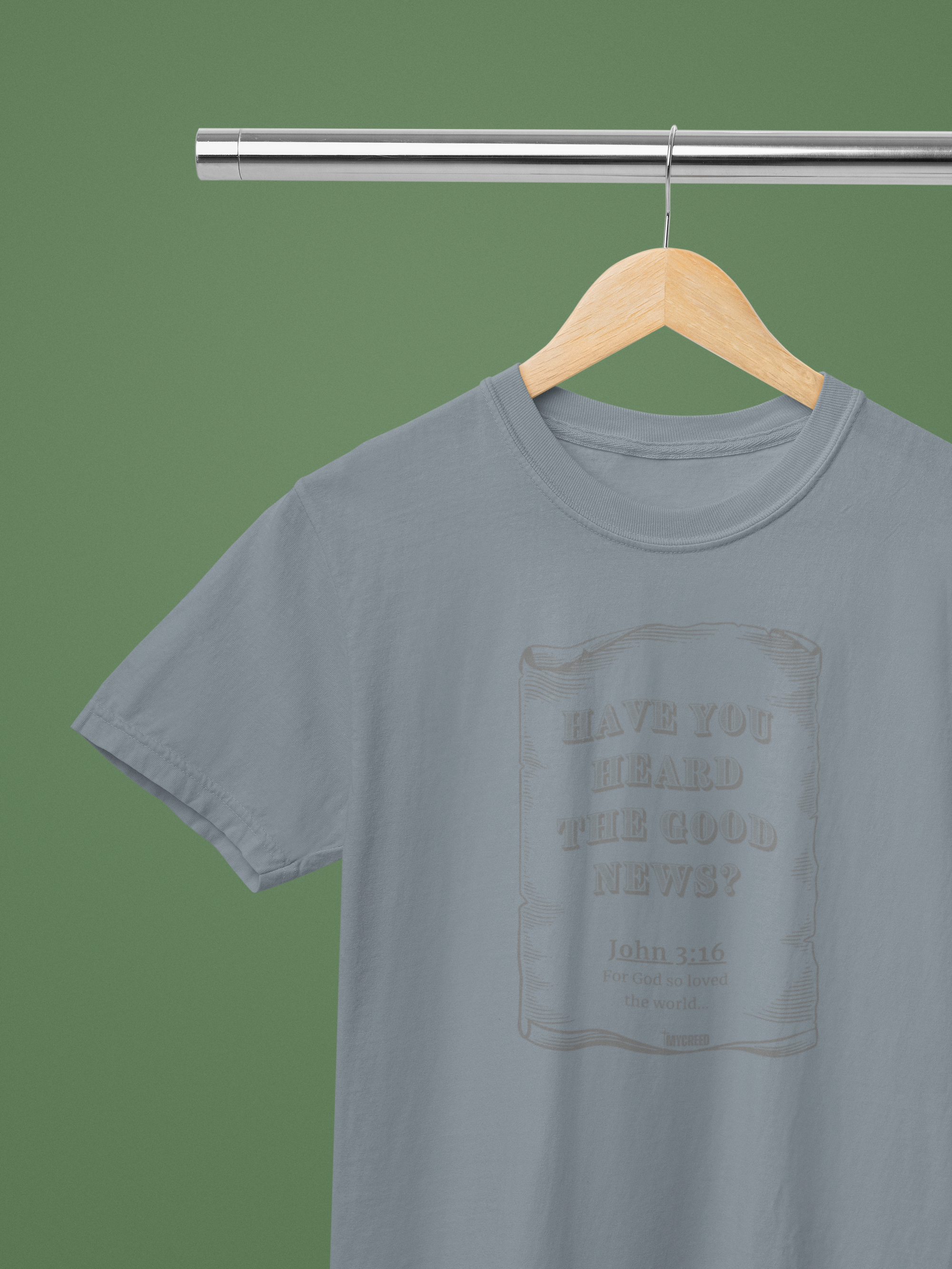 The Good News 3:16 Christian t-shirt by MyCreed with vintage scroll and John 3:16 on GRANITE GREY Comfort Colors 1717 garment-dyed tee.