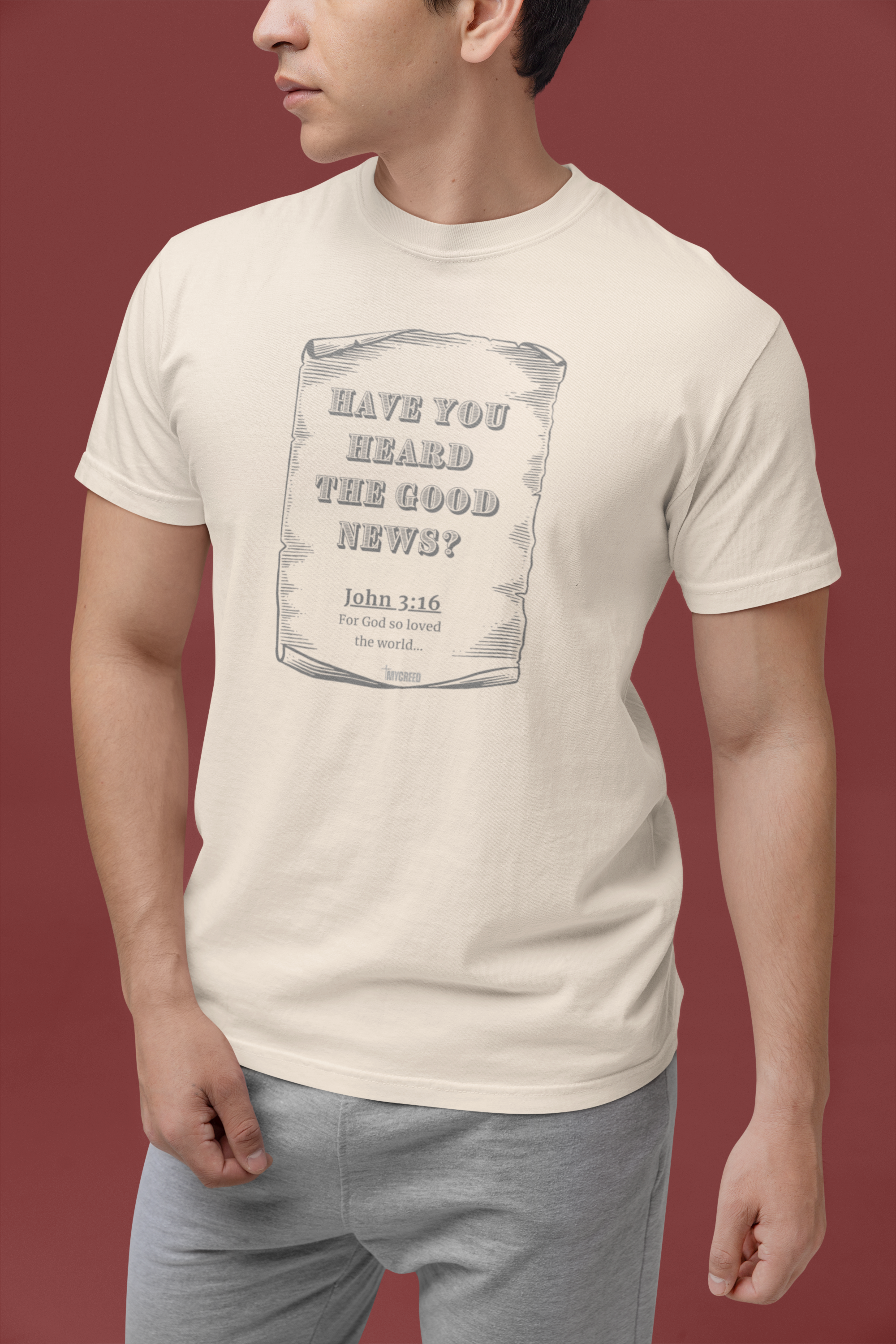 The Good News 3:16 Christian t-shirt by MyCreed with vintage scroll and John 3:16 on Ivory Comfort Colors 1717 garment-dyed tee.