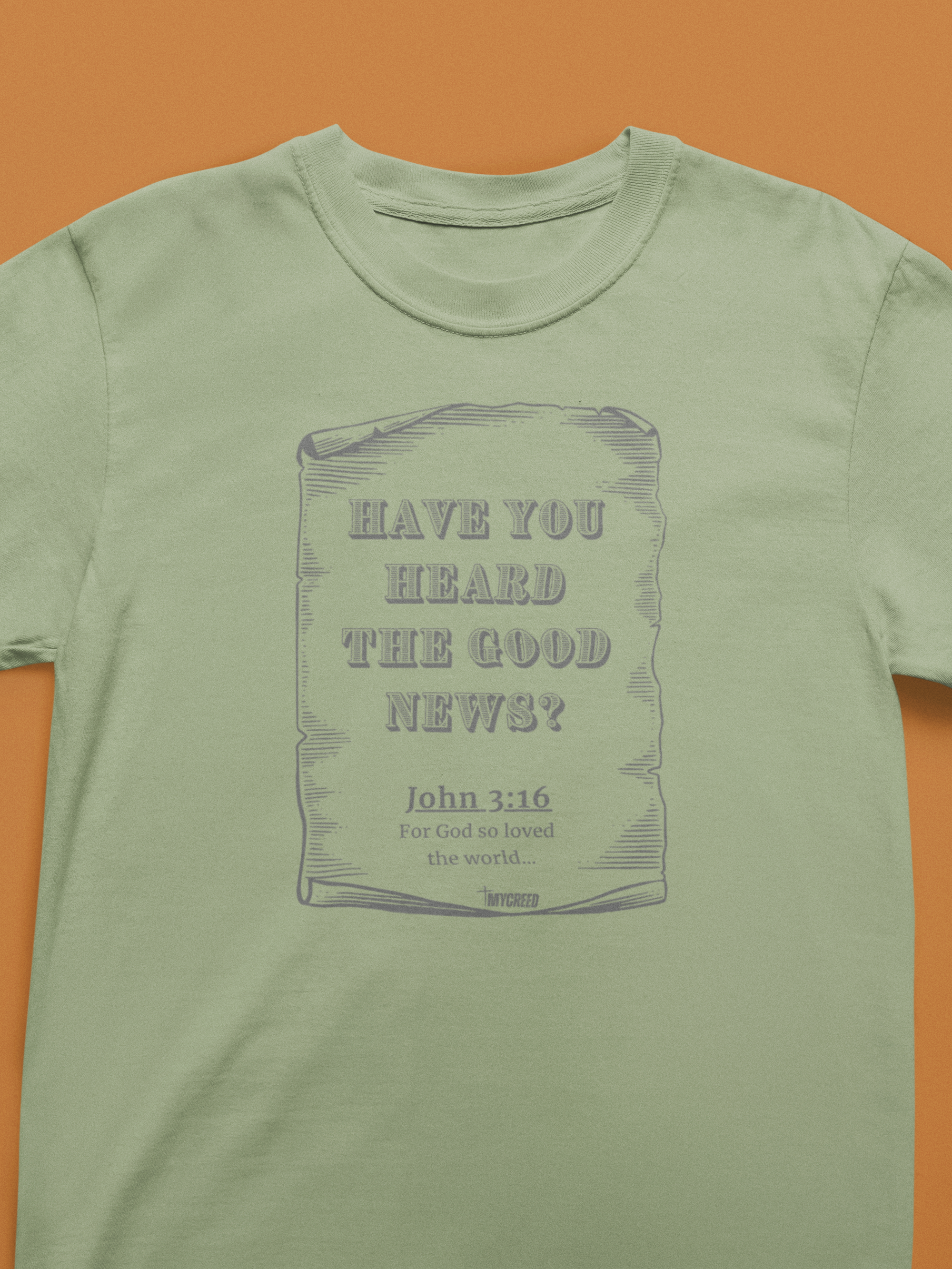 The Good News 3:16 Christian t-shirt by MyCreed with vintage scroll and John 3:16 in SANDSTONE, Comfort Colors 1717 garment-dyed tee.