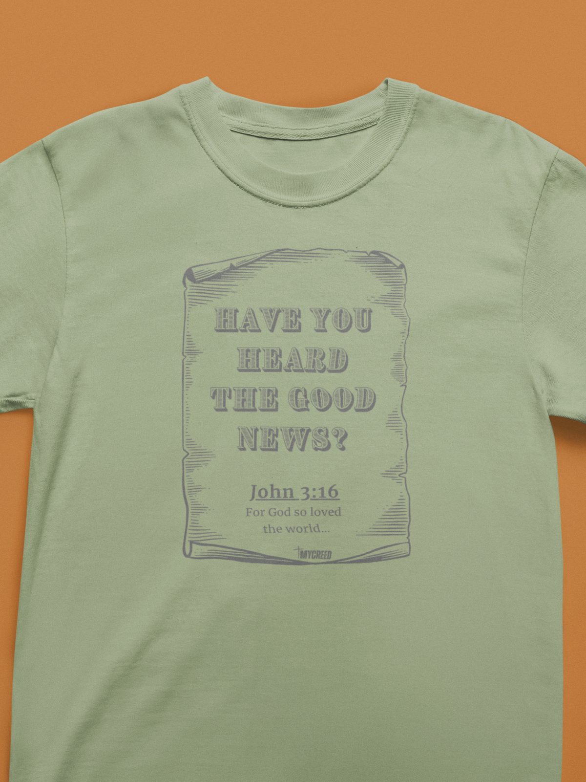 The Good News 3:16 Christian t-shirt by MyCreed with vintage scroll and John 3:16 in SANDSTONE, Comfort Colors 1717 garment-dyed tee.