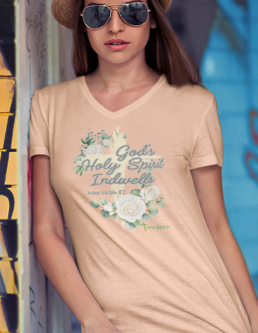 God's Holy Spirit Indwells District® Women’s V-Neck Tee by MyCreed | John 14:16-17