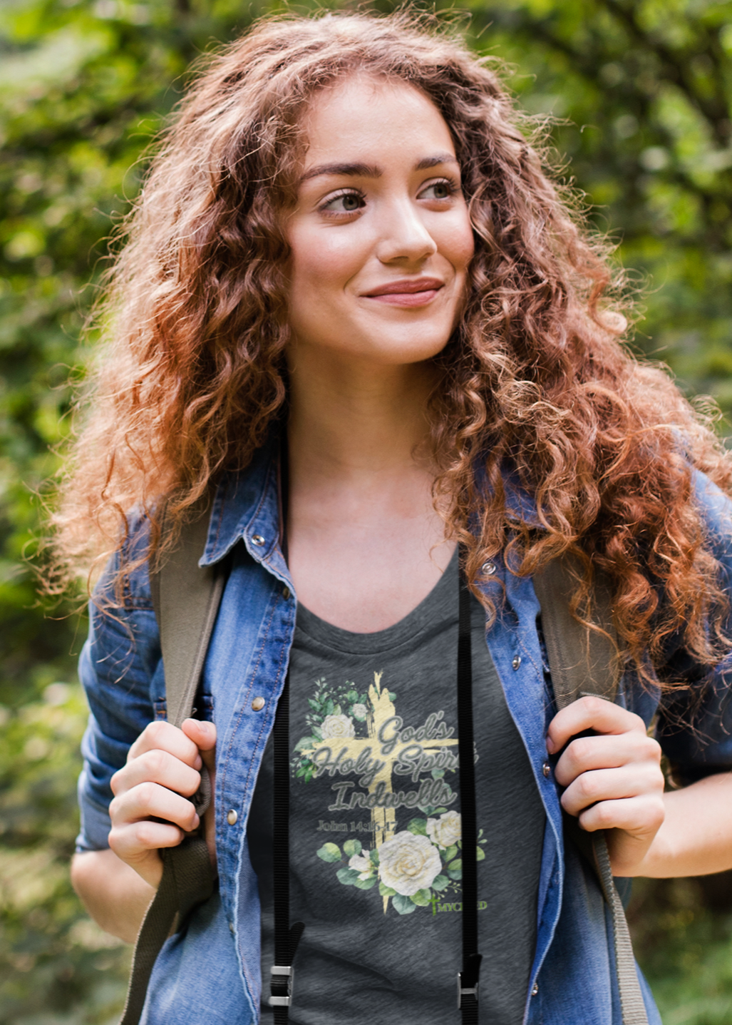 God's Holy Spirit Indwells District® Women’s V-Neck Tee by MyCreed | John 14:16-17