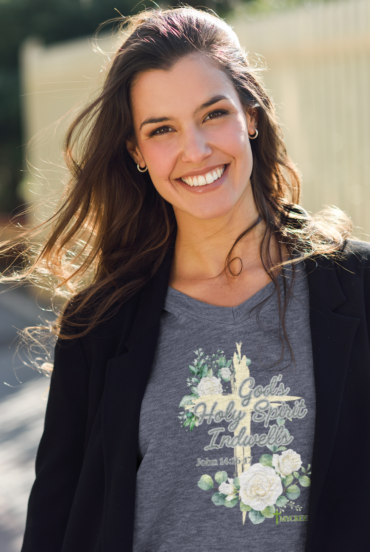 God's Holy Spirit Indwells District® Women’s V-Neck Tee by MyCreed | John 14:16-17