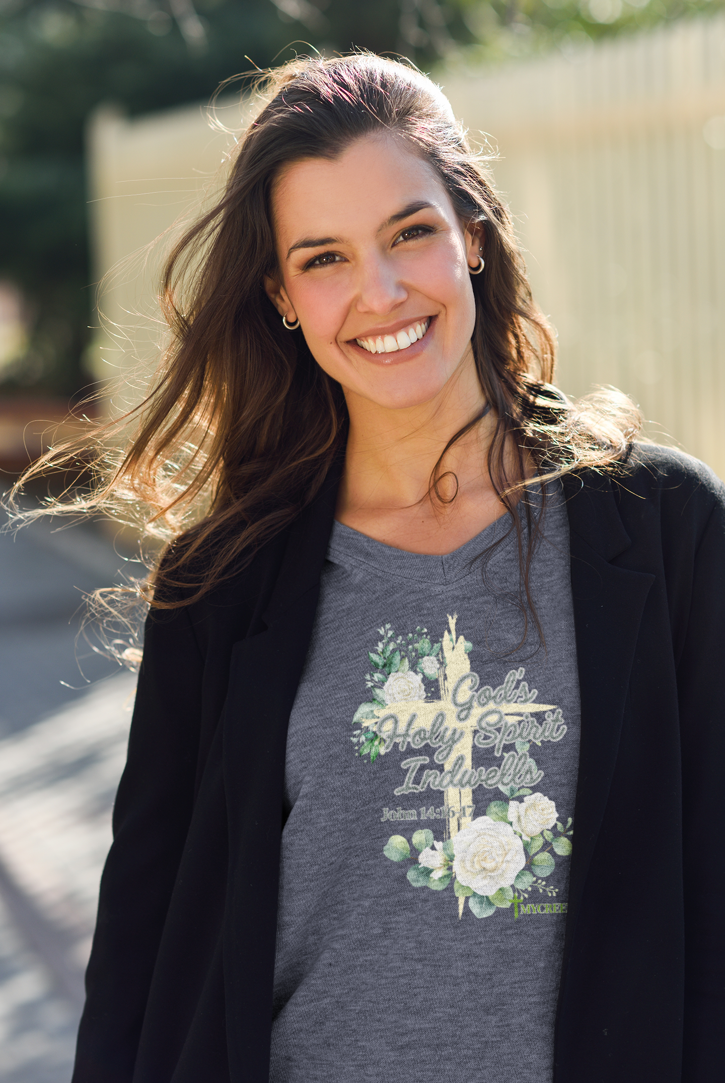 God's Holy Spirit Indwells District® Women’s V-Neck Tee by MyCreed | John 14:16-17