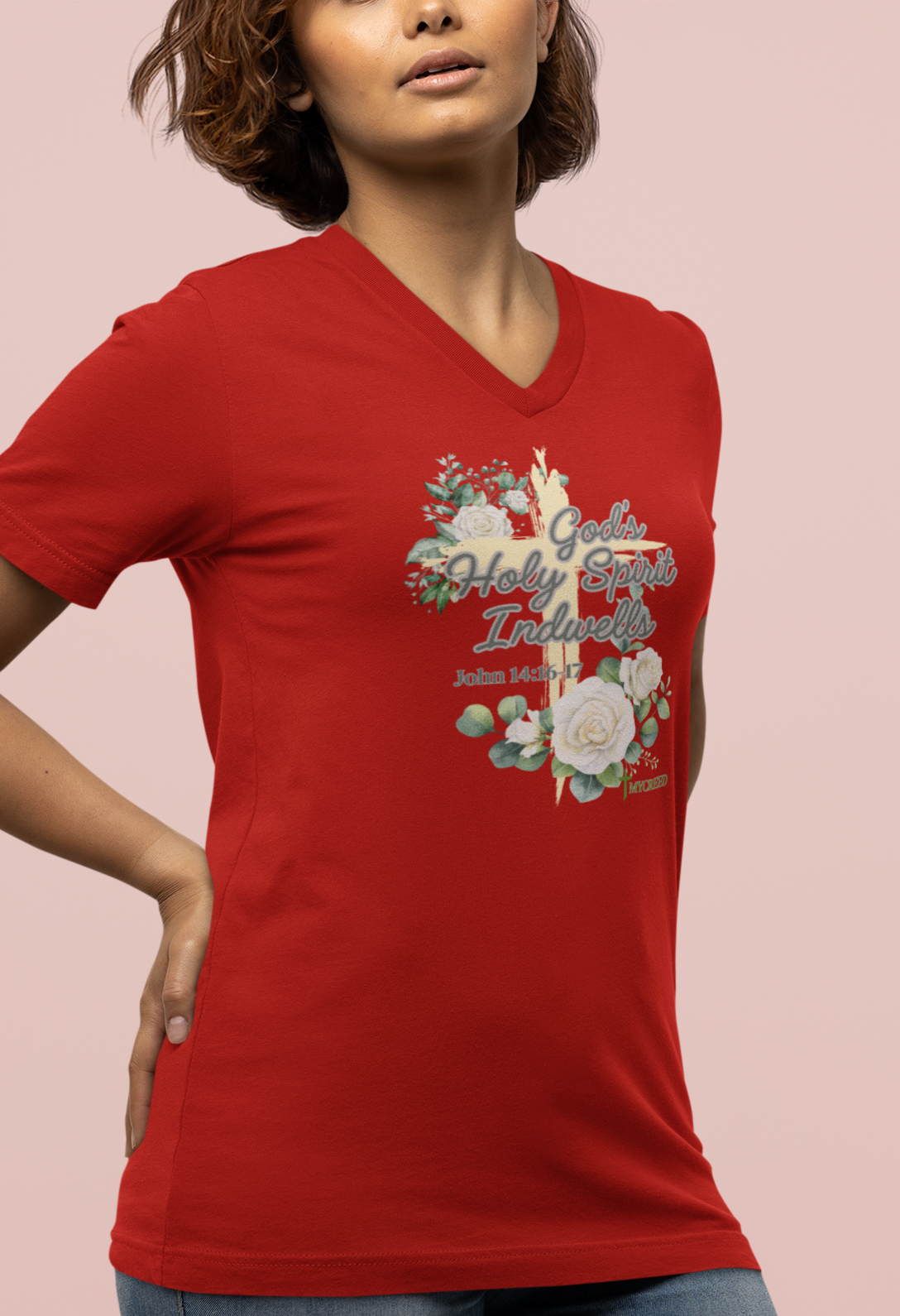 God's Holy Spirit Indwells District® Women’s V-Neck Tee by MyCreed | John 14:16-17