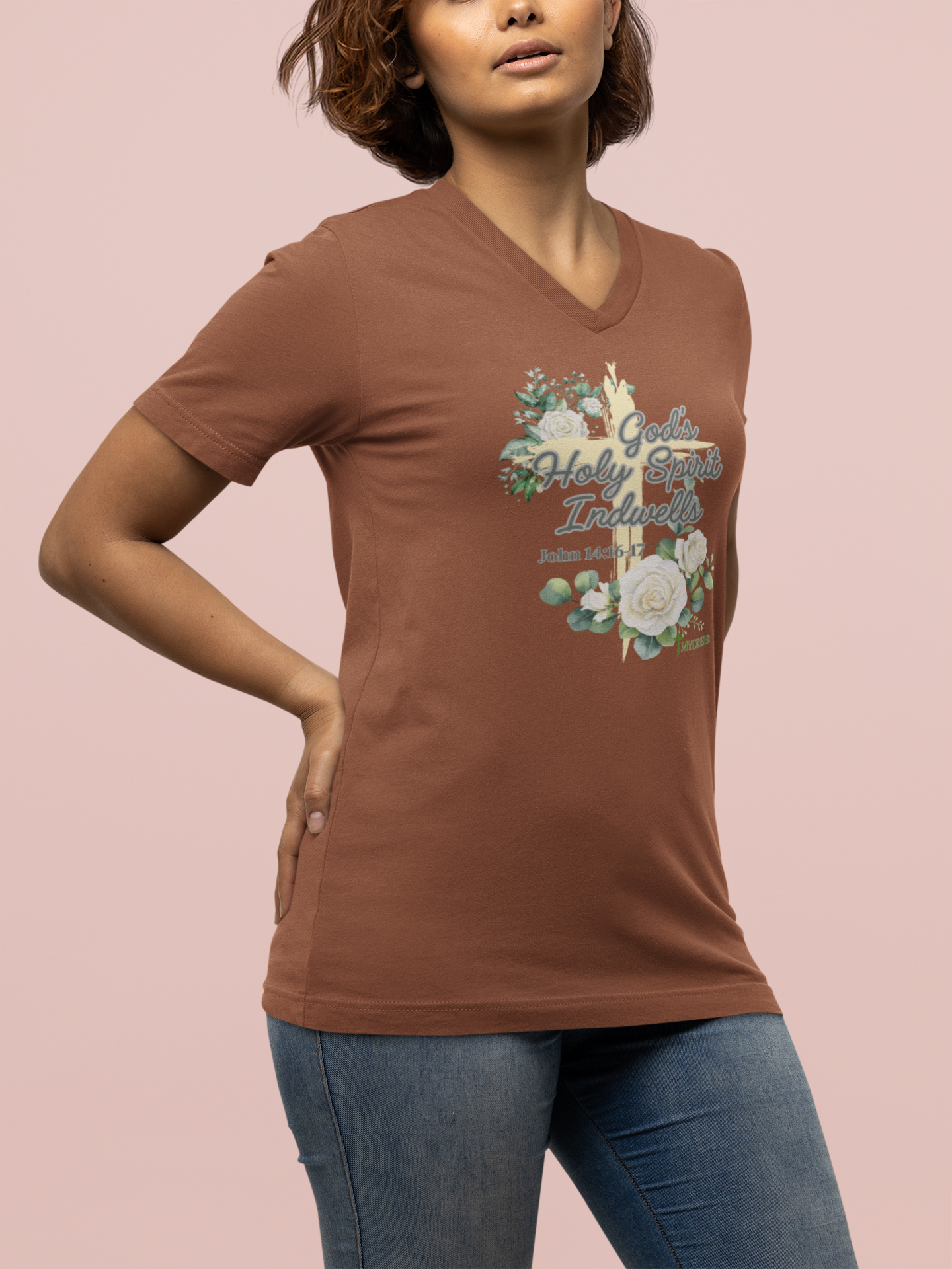 God's Holy Spirit Indwells District® Women’s V-Neck Tee by MyCreed | John 14:16-17