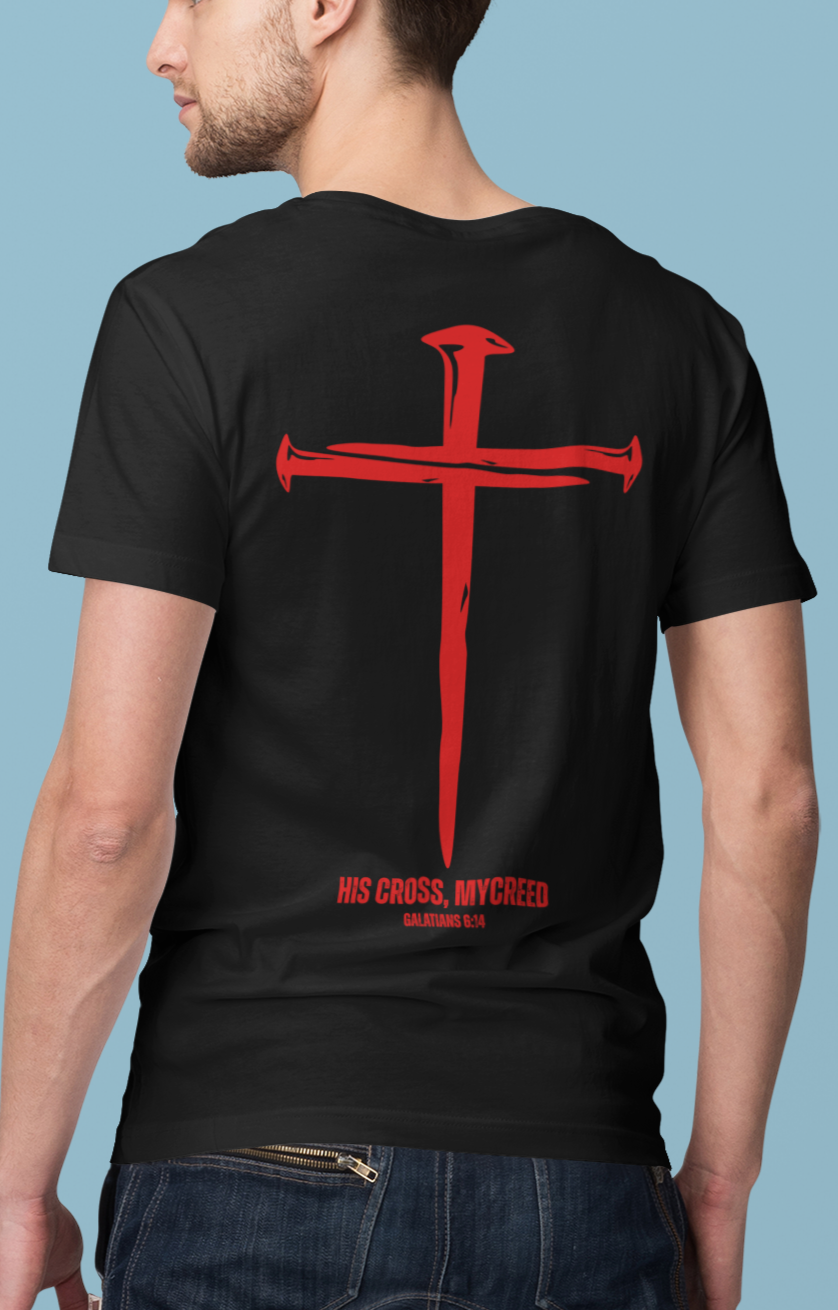 HIS CROSS Next Level® Men’s Christian T-Shirt by MyCreed (Bold Back Print) – Galatians 6:14