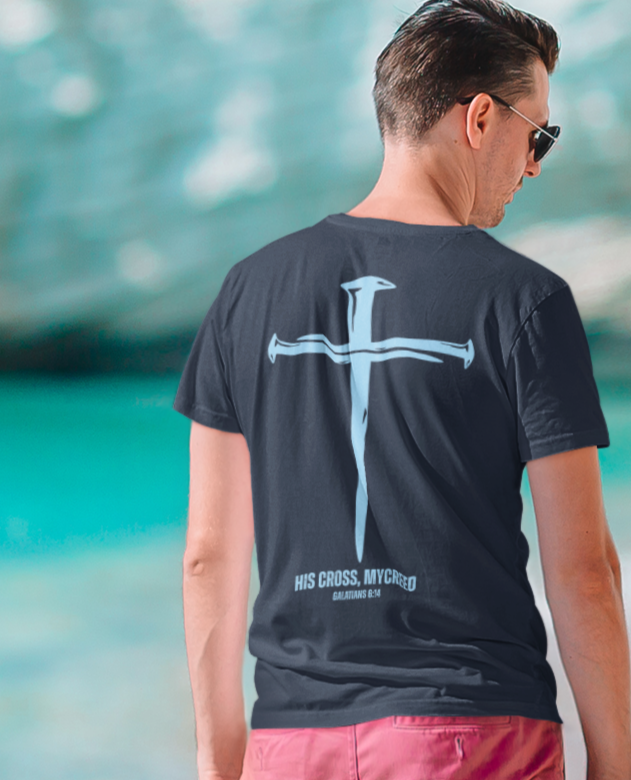 HIS CROSS Next Level® Men’s Christian T-Shirt by MyCreed (Bold Back Print) – Galatians 6:14