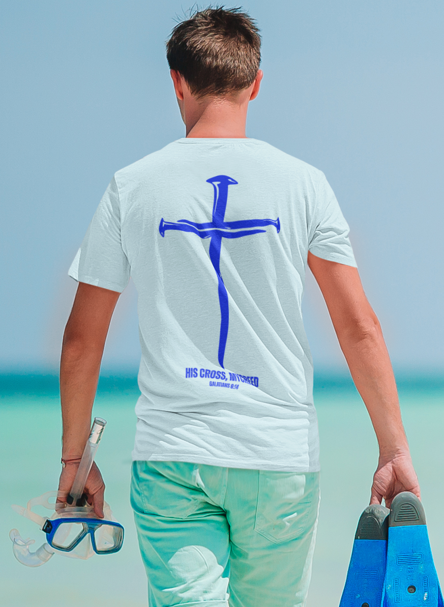 HIS CROSS Next Level® Men’s Christian T-Shirt by MyCreed (Bold Back Print) – Galatians 6:14