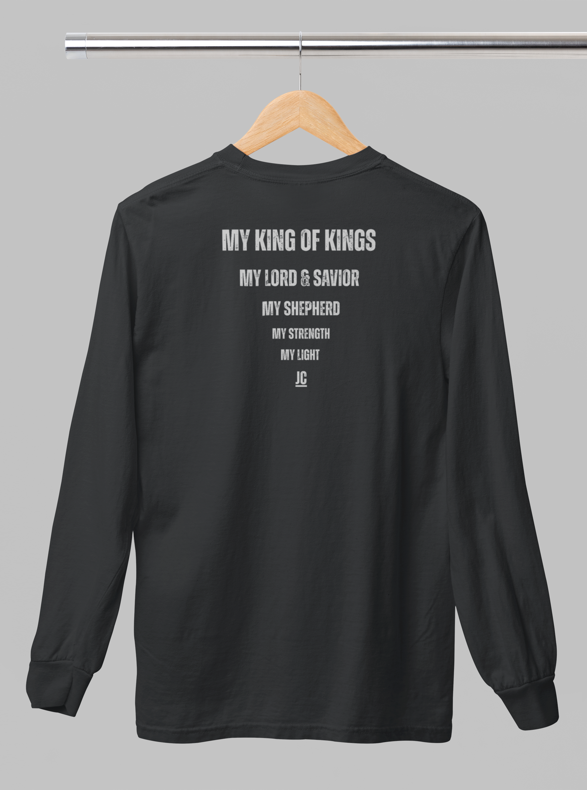Premium Comfort Colors long sleeve with subtle faith-based back print design.
