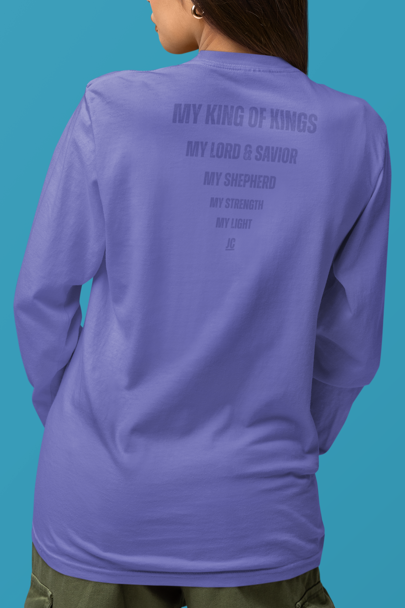 Back view of The JC Creed Tee with stacked titles tapering down to Jesus Christ.