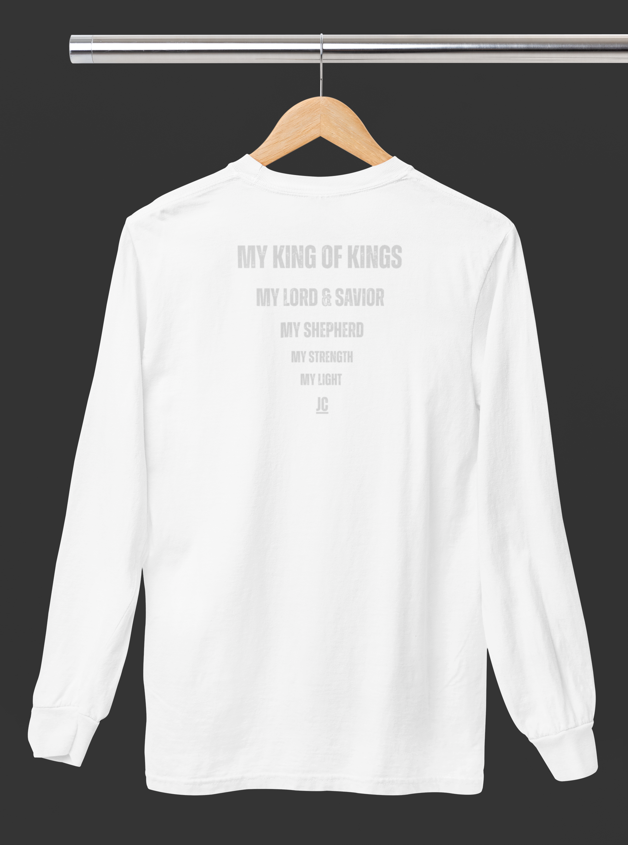 Back view of The JC Creed Tee with stacked titles tapering down to Jesus Christ.