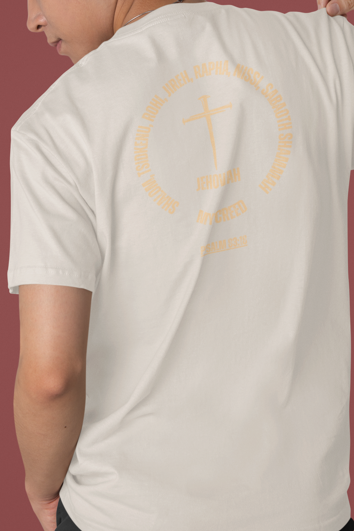 Faith-based streetwear t-shirt with red cross design, Jehovah names circle, and scripture Psalm 83:18.