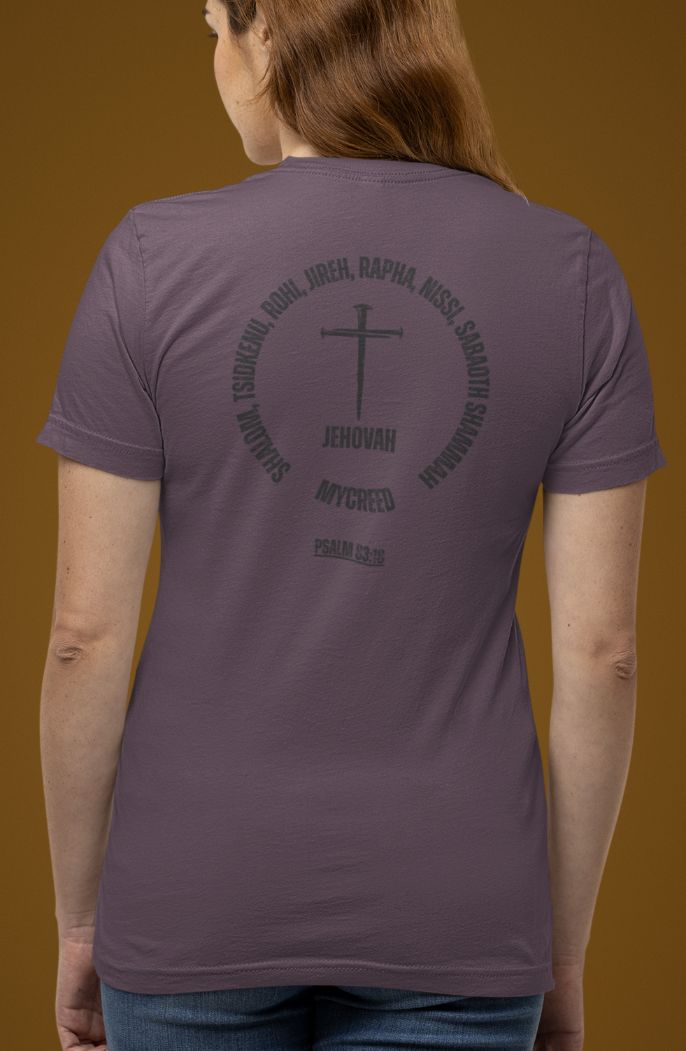 Jehovah Names tee with nail-shaped cross, bold MYCREED logo, and Psalm 83:18 scripture on BELLA+CANVAS 3001 shirt.