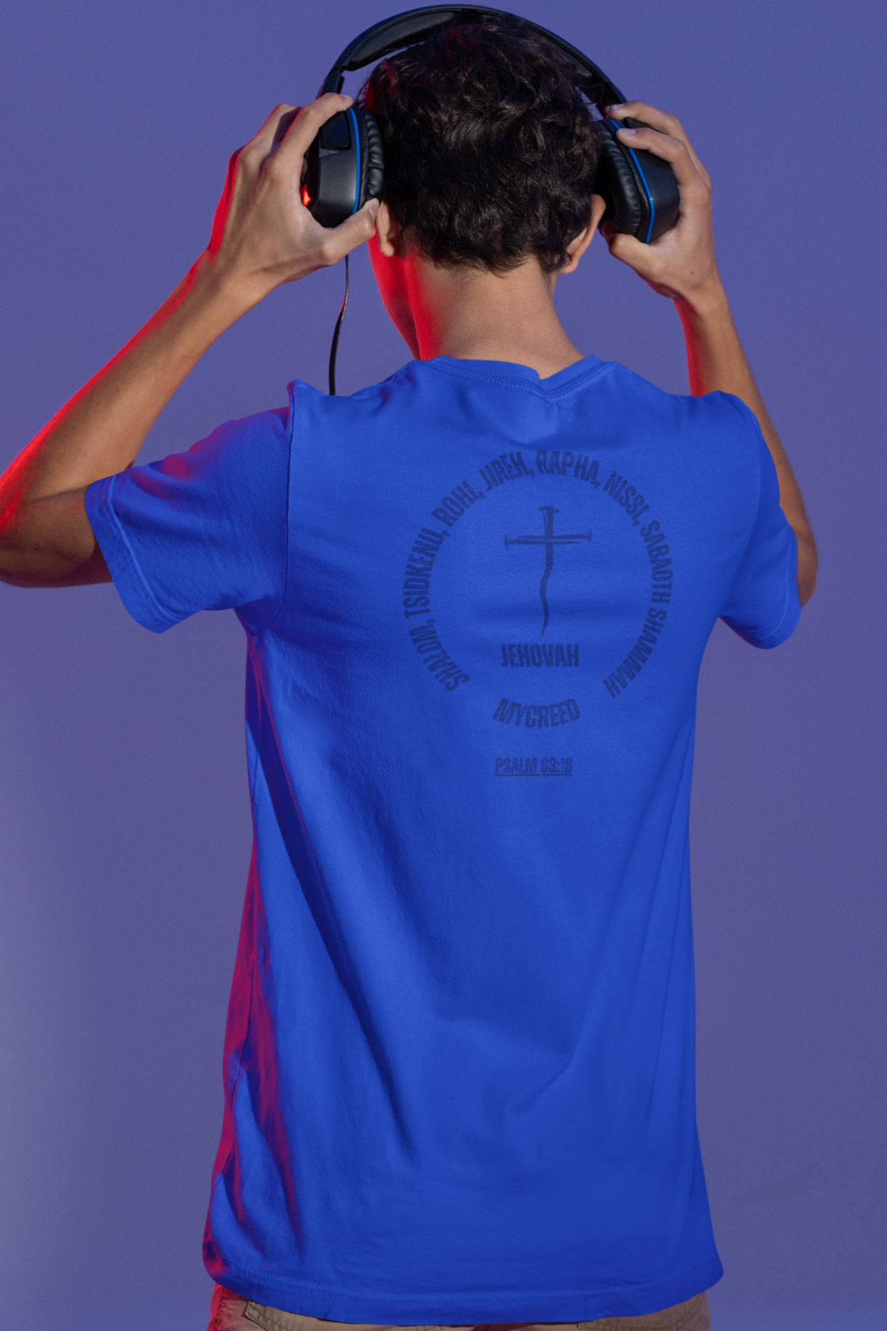 Faith-based streetwear t-shirt with red cross design, Jehovah names circle, and scripture Psalm 83:18.