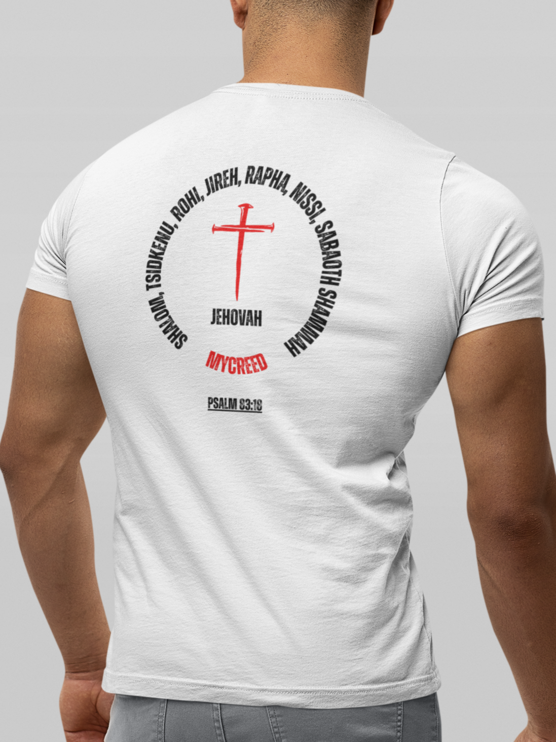 Faith-based streetwear t-shirt with red cross design, Jehovah names circle, and scripture Psalm 83:18.