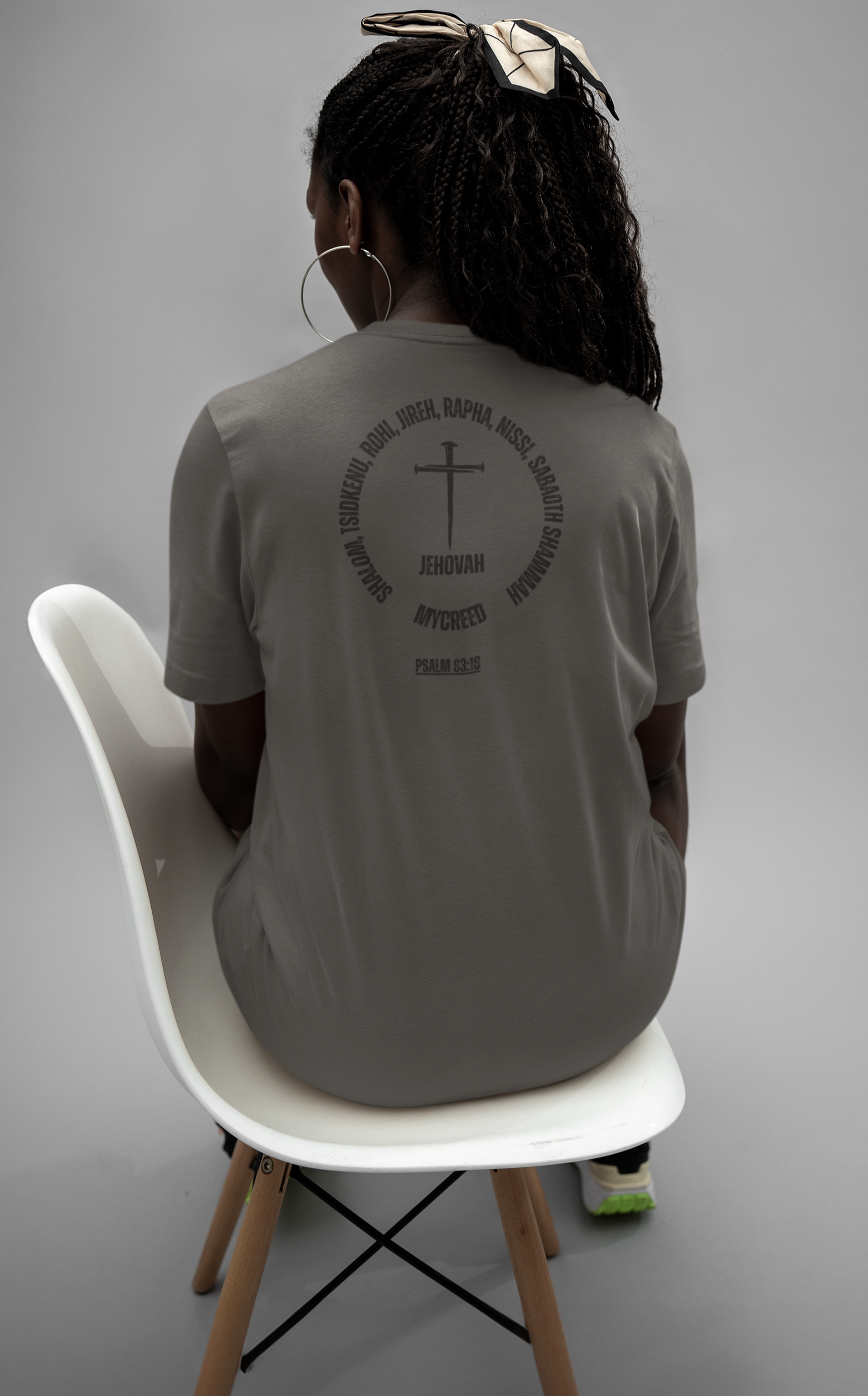 Jehovah covenant names shirt — modern Christian apparel with cross, MYCREED brand, and Psalm 83:18 verse.