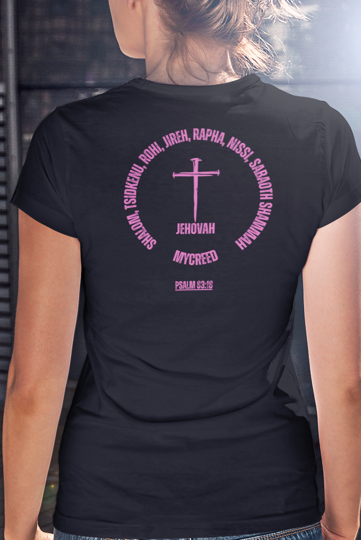 Faith-based slim fit Bella+Canvas women’s shirt with Jehovah names typography artwork