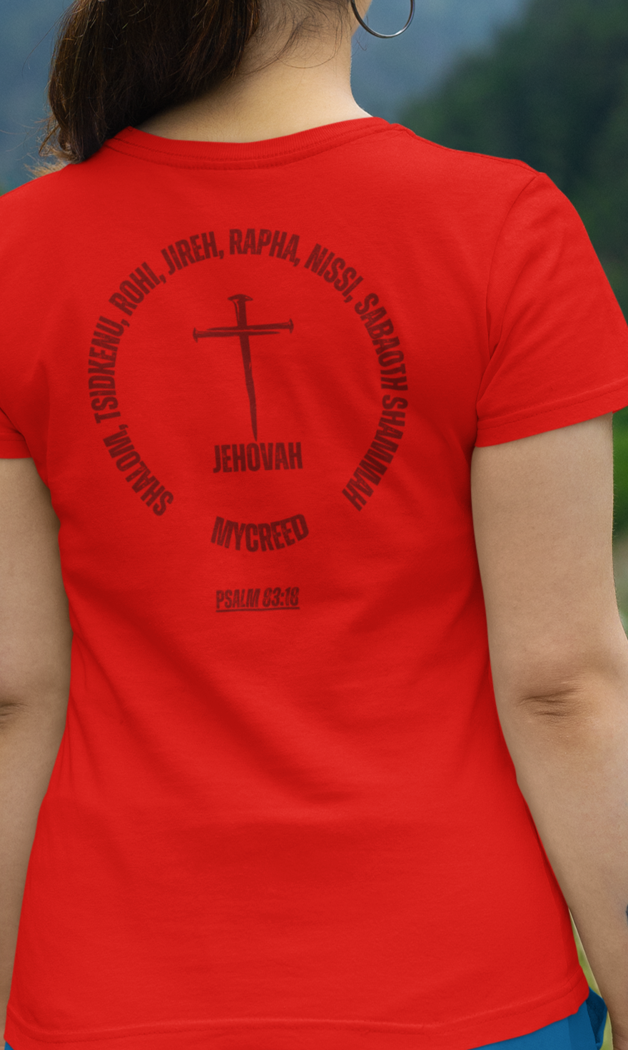 Faith-based slim fit Bella+Canvas women’s shirt with Jehovah names typography artwork