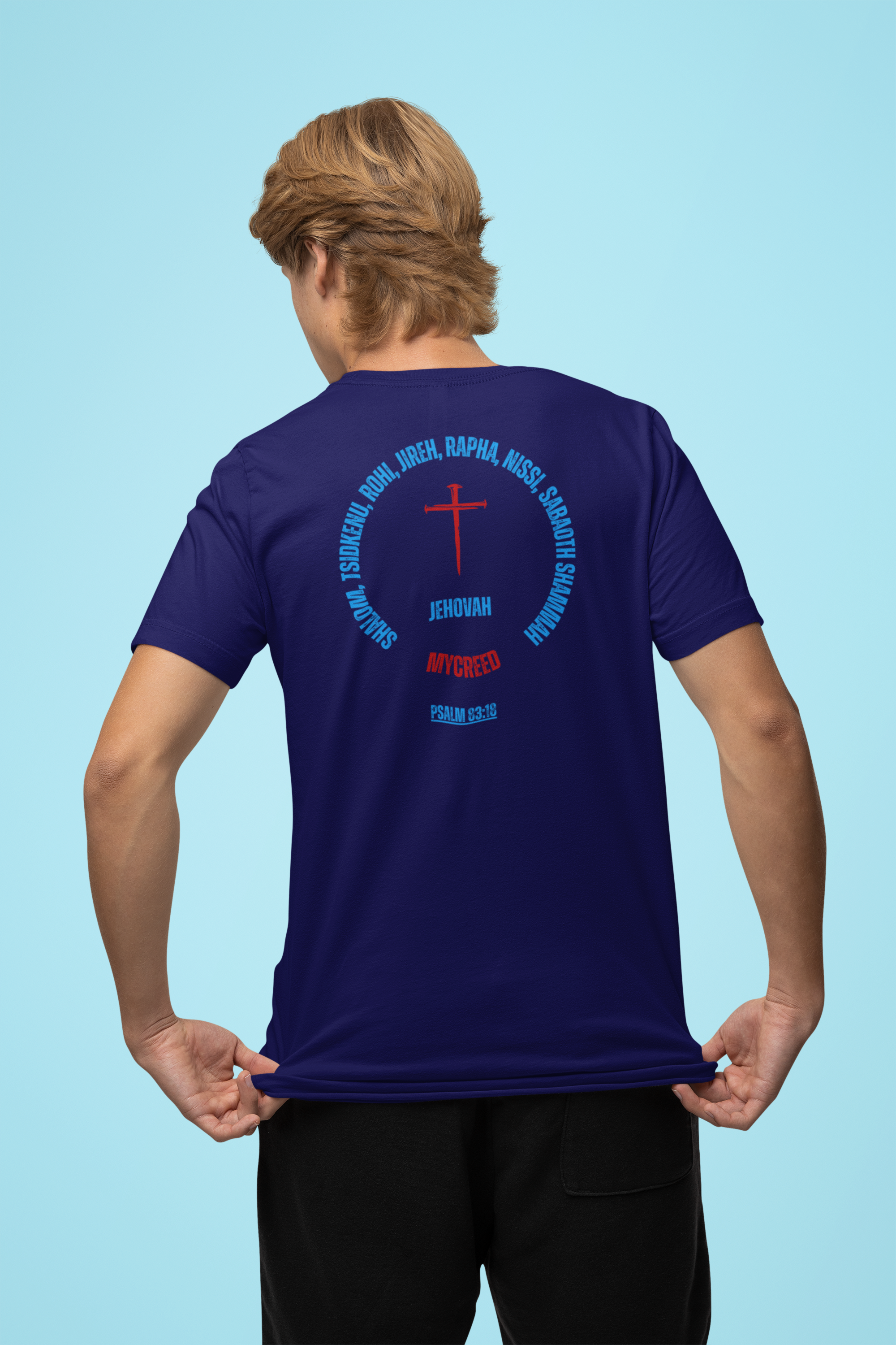 Back print Christian t-shirt featuring blood-red cross and covenant names of Jehovah with Psalm 83:18 scripture by MyCreed.