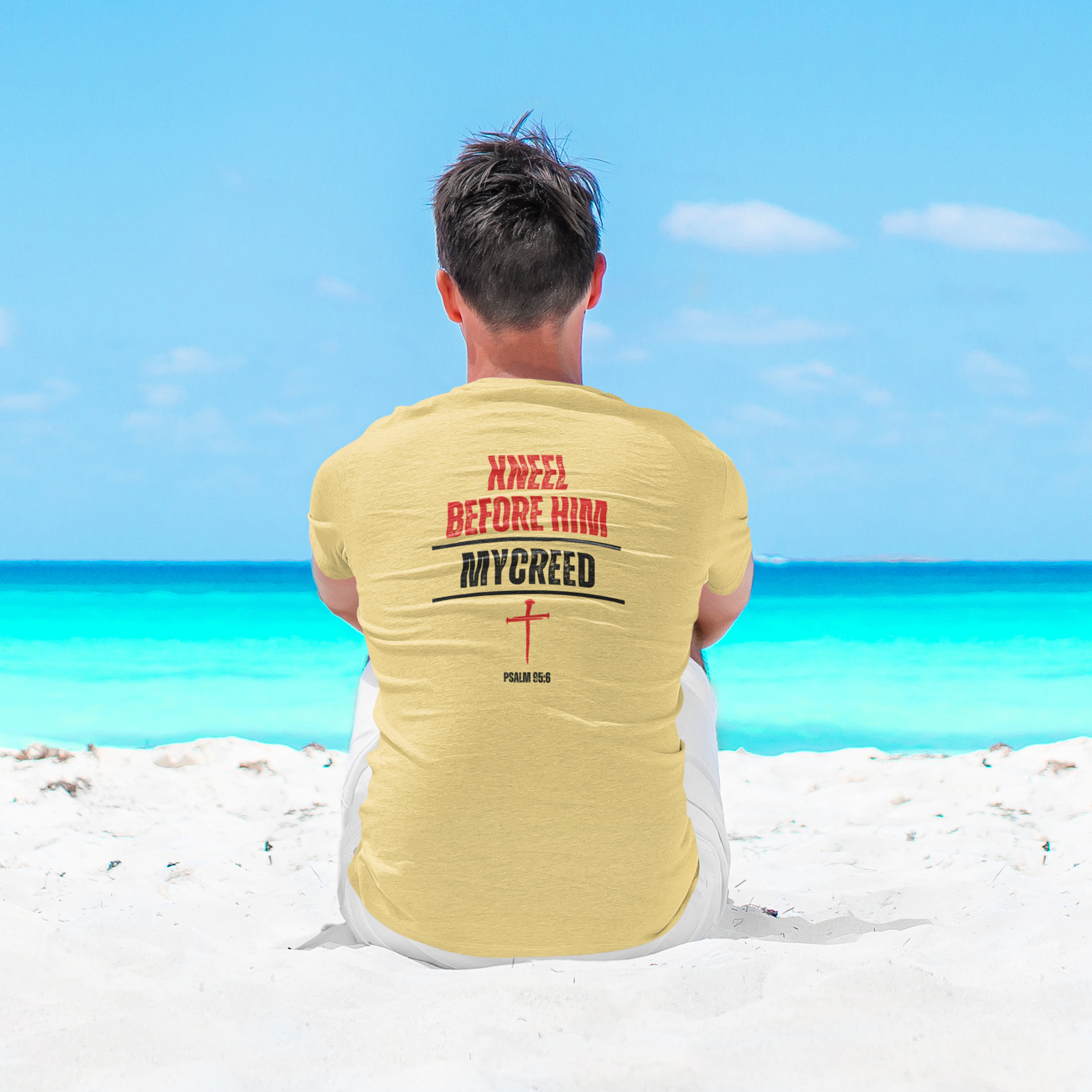 Kneel Before Him Psalm 95:6 Christian back-print men’s tee by MyCreed