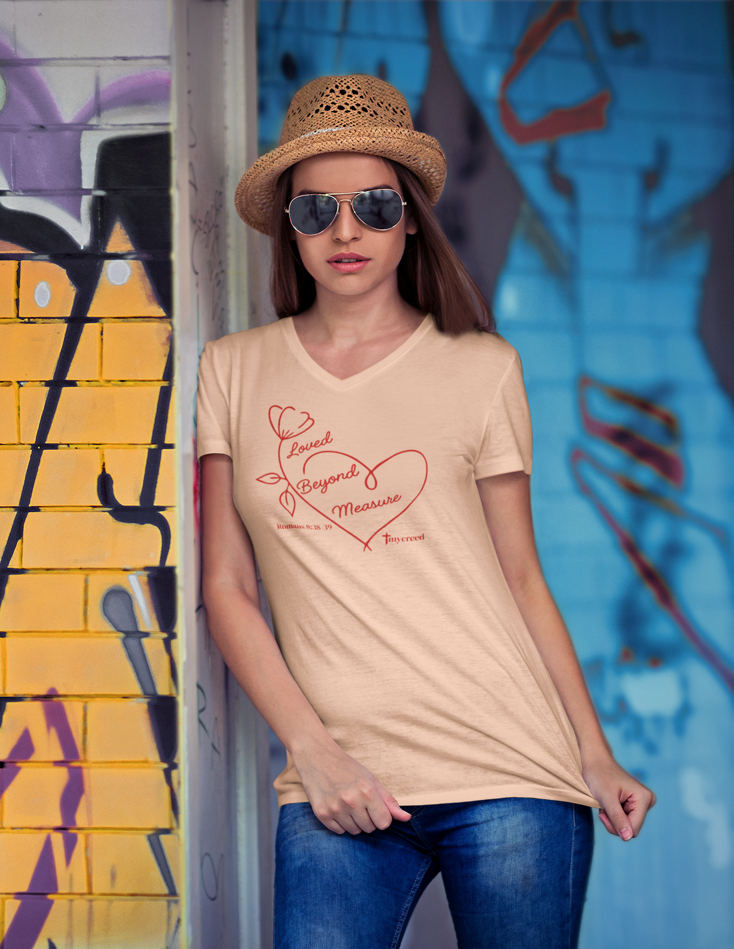 Loved Beyond Measure Romans 8:38–39 women’s Christian V-neck tee by MyCreed