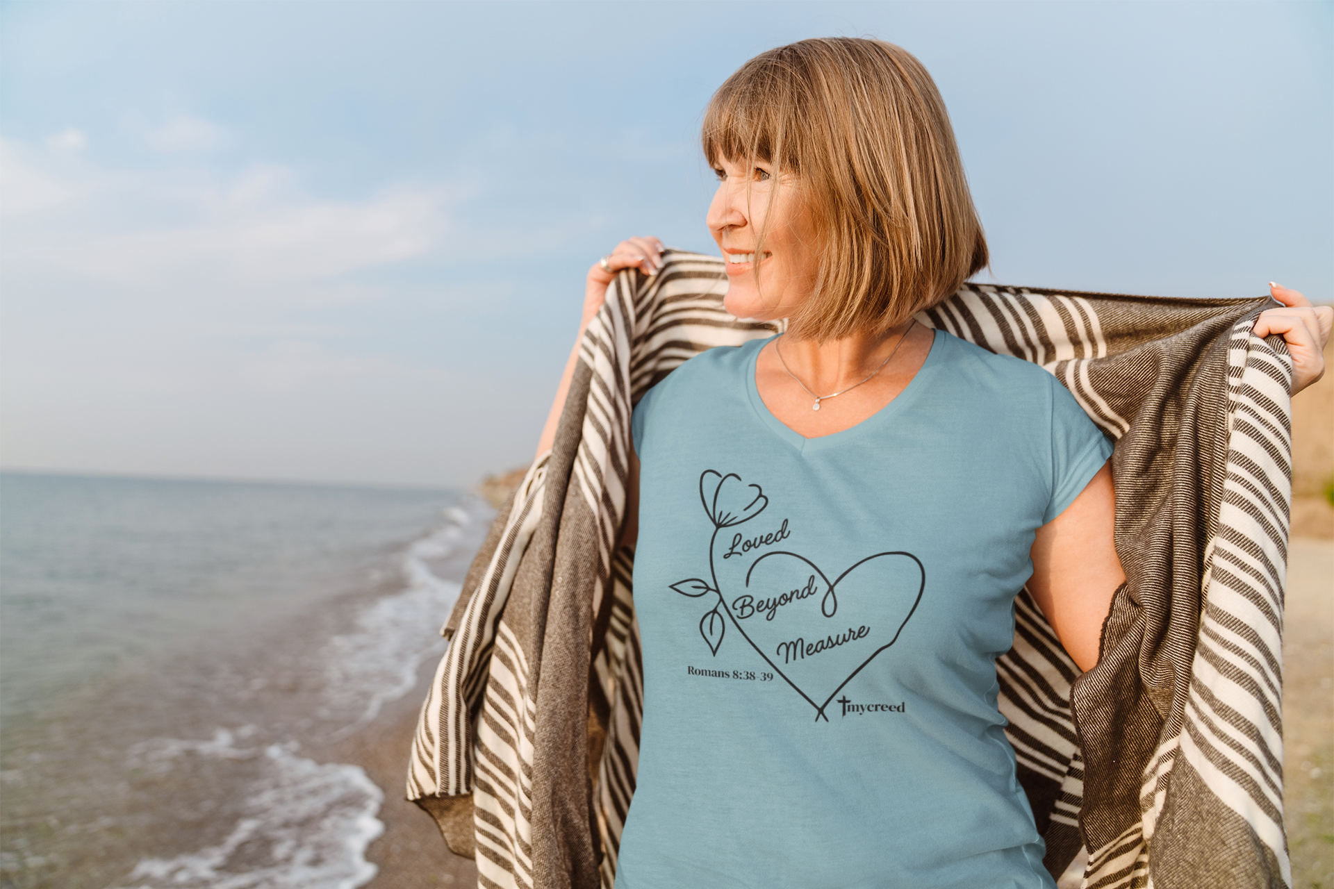 Loved Beyond Measure Romans 8:38–39 women’s Christian V-neck tee by MyCreed
