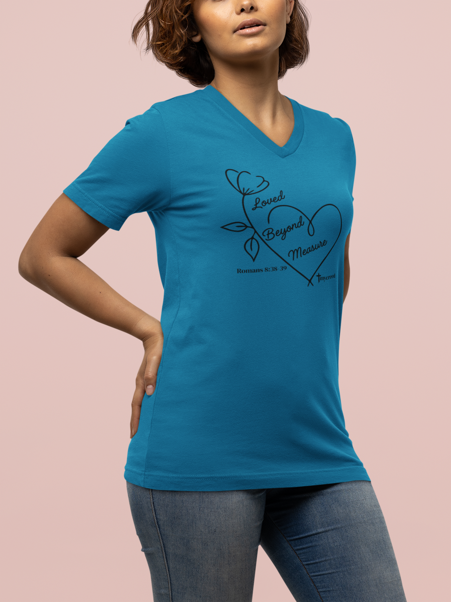 Loved Beyond Measure Romans 8:38–39 women’s Christian V-neck tee by MyCreed