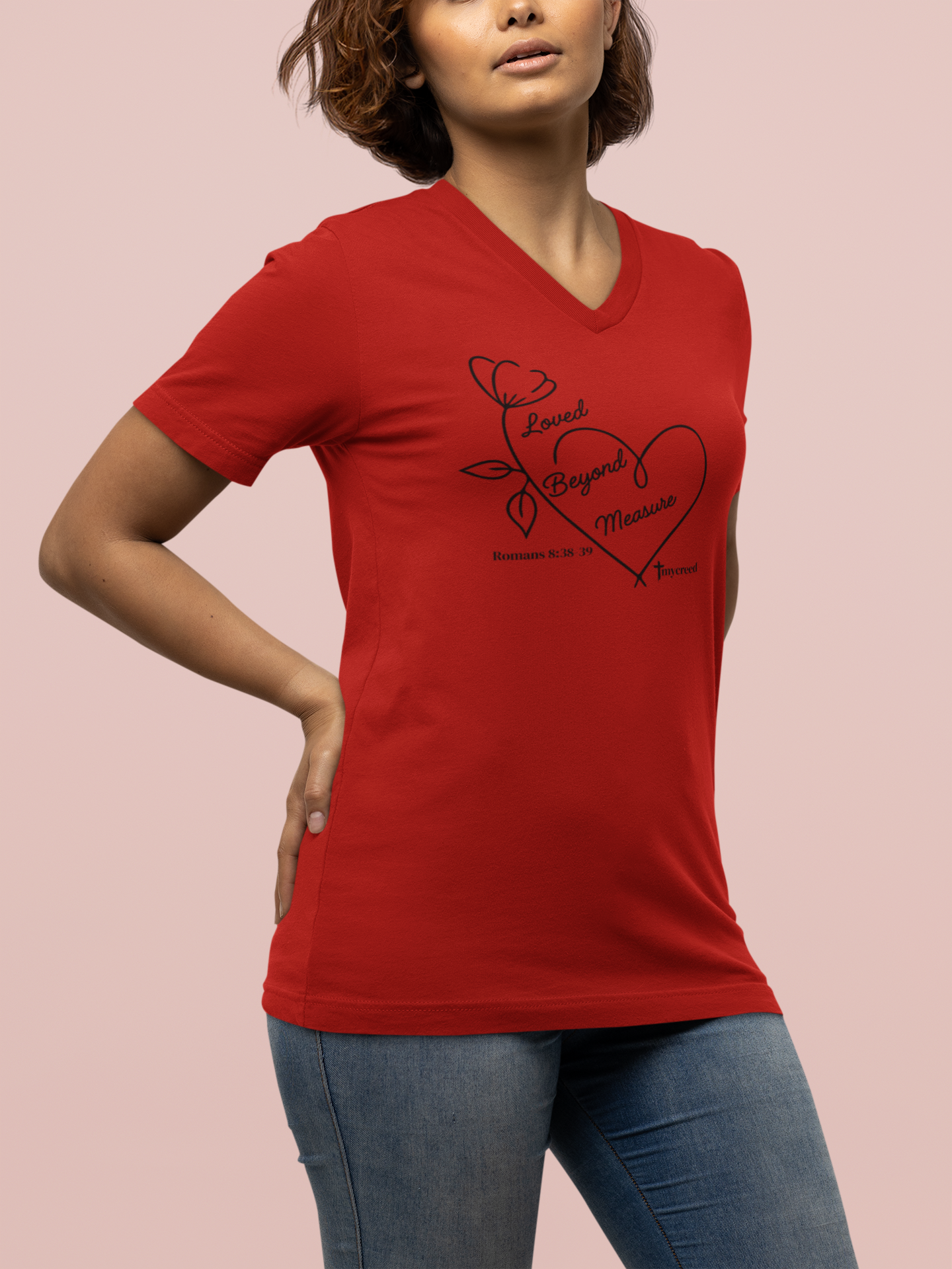 Loved Beyond Measure Romans 8:38–39 women’s Christian V-neck tee by MyCreed