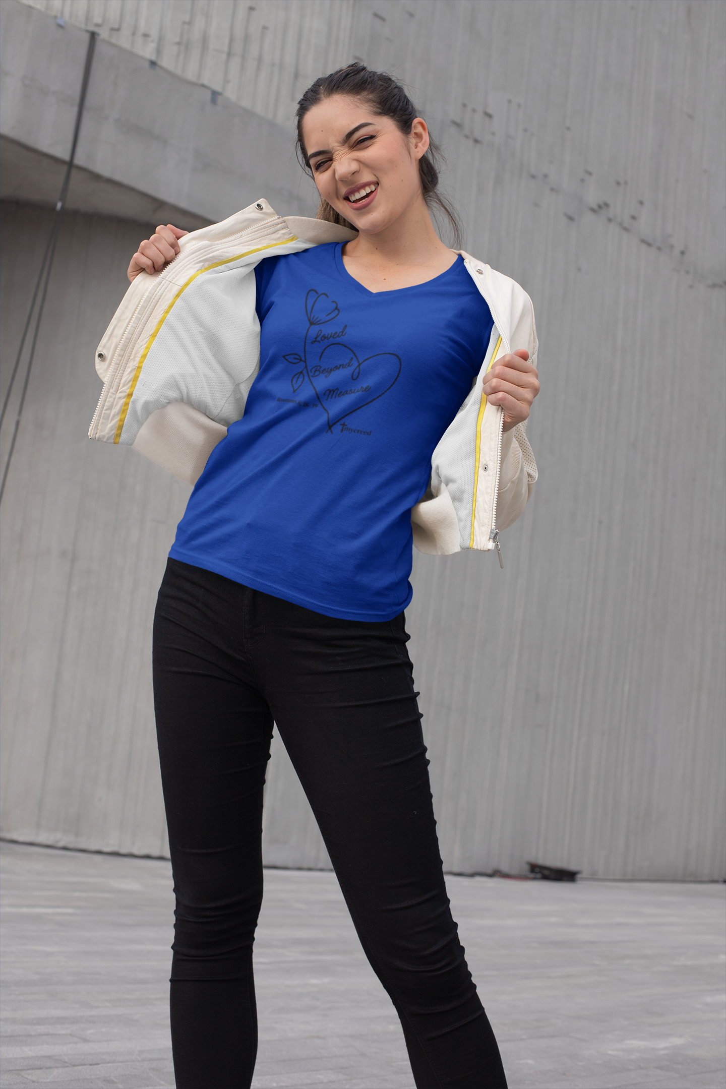 Loved Beyond Measure Romans 8:38–39 women’s Christian V-neck tee by MyCreed