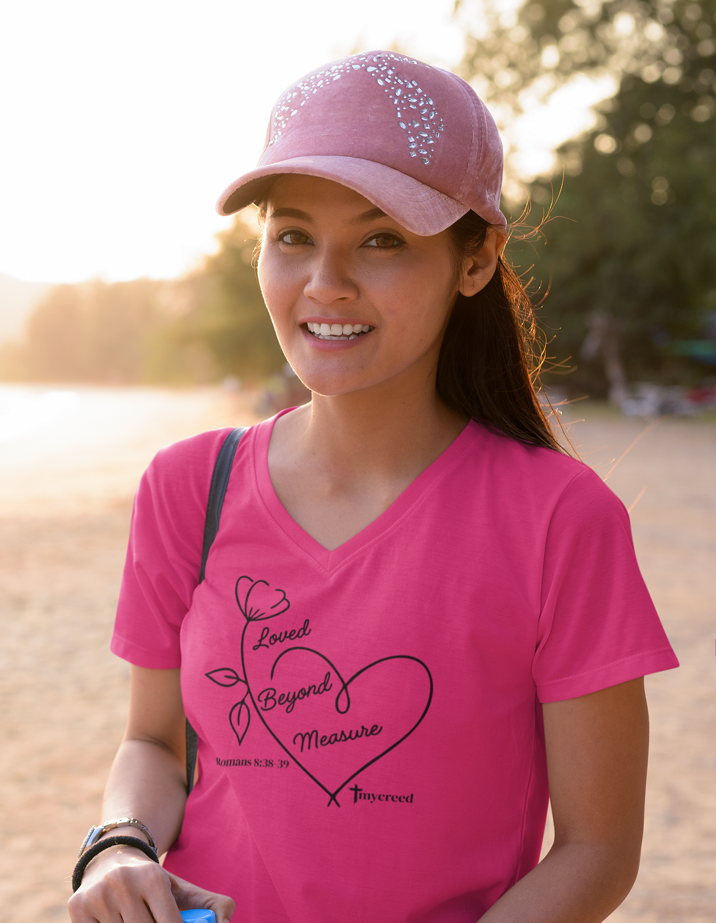 Loved Beyond Measure Romans 8:38–39 women’s Christian V-neck tee by MyCreed