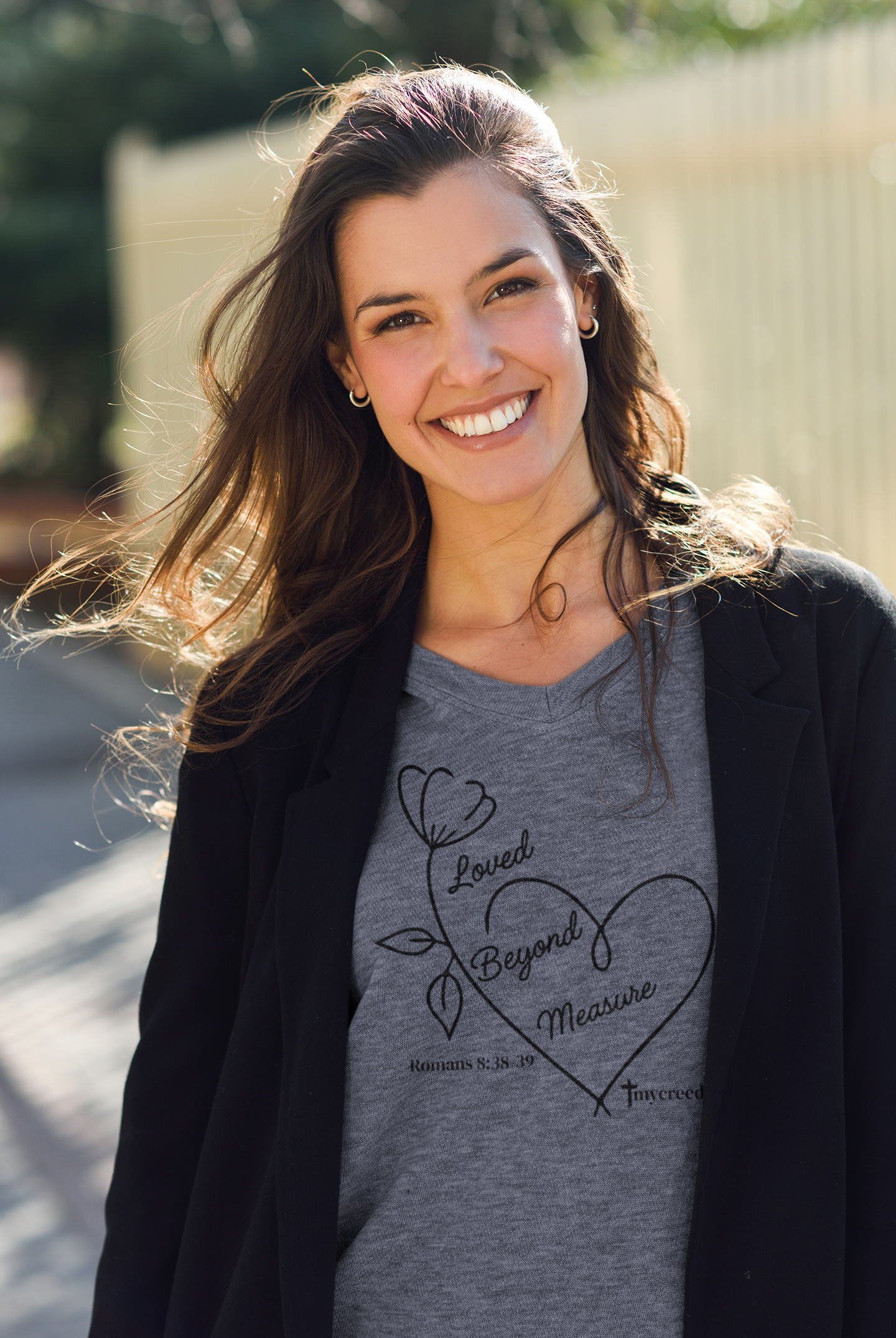 Loved Beyond Measure Romans 8:38–39 women’s Christian V-neck tee by MyCreed
