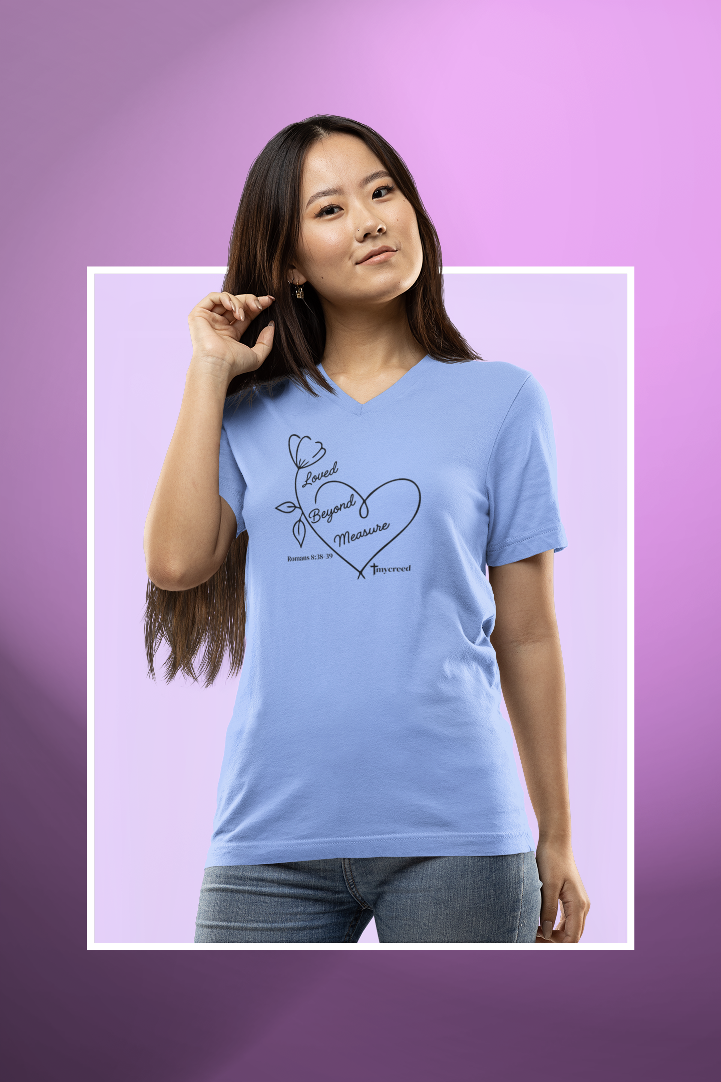Loved Beyond Measure Romans 8:38–39 women’s Christian V-neck tee by MyCreed
