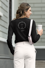 Back view of Bella+Canvas women’s long sleeve tee featuring “Names of God” Christian design, MyCreed apparel.