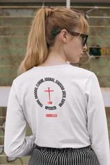 Women’s slim fit Christian long sleeve shirt with elegant “Names of God” graphic printed on the back.