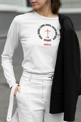 Bella+Canvas long sleeve Christian tee in soft fabric, displaying faith-based typography “Names of God.”