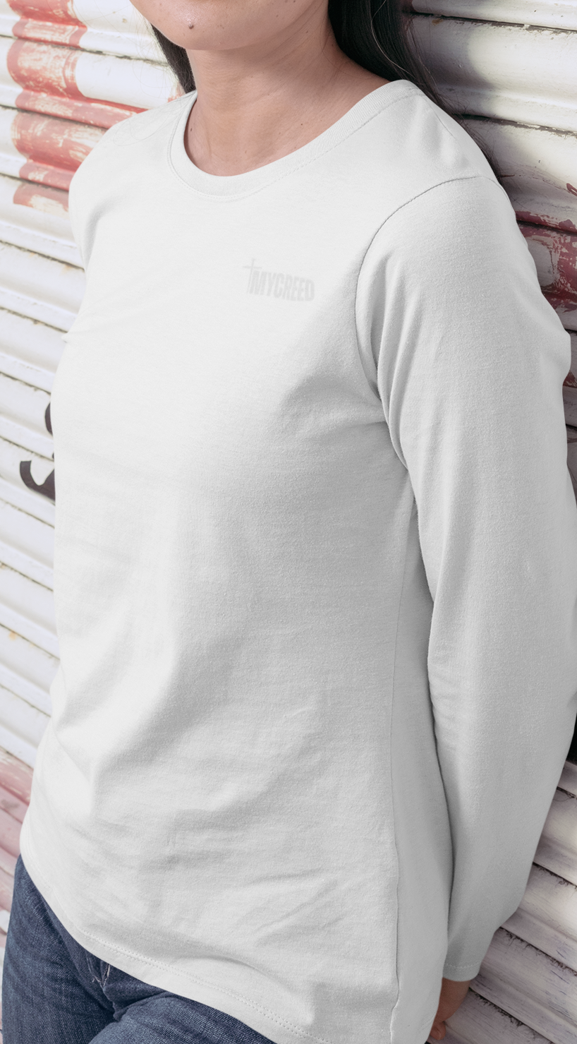 Front view of Bella+Canvas women’s long sleeve tee featuring “Names of God” Christian design, MyCreed apparel.