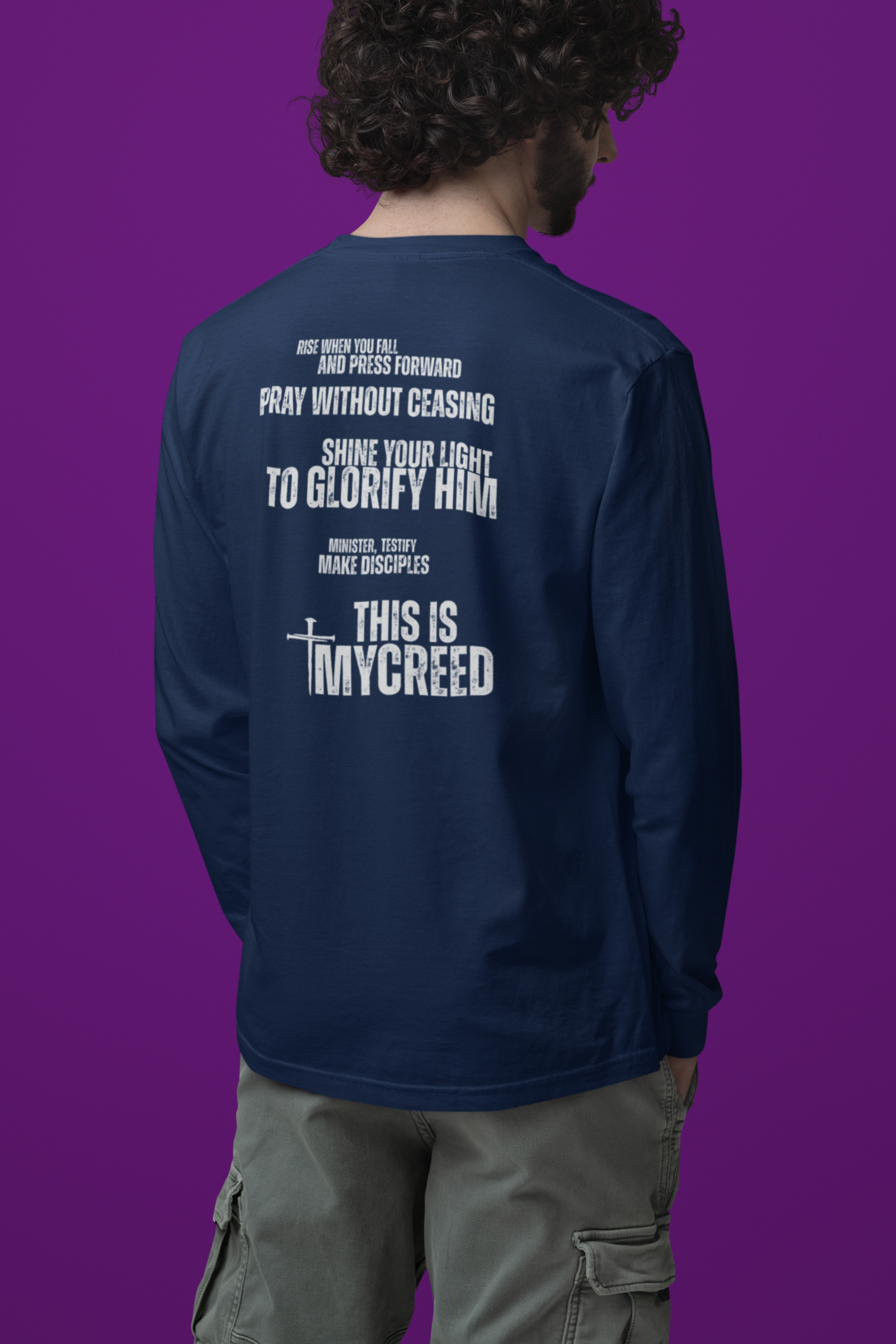 Back print of The Declaration long sleeve Christian tee by MyCreed featuring bold faith statements and Matthew 5:16 inspiration.