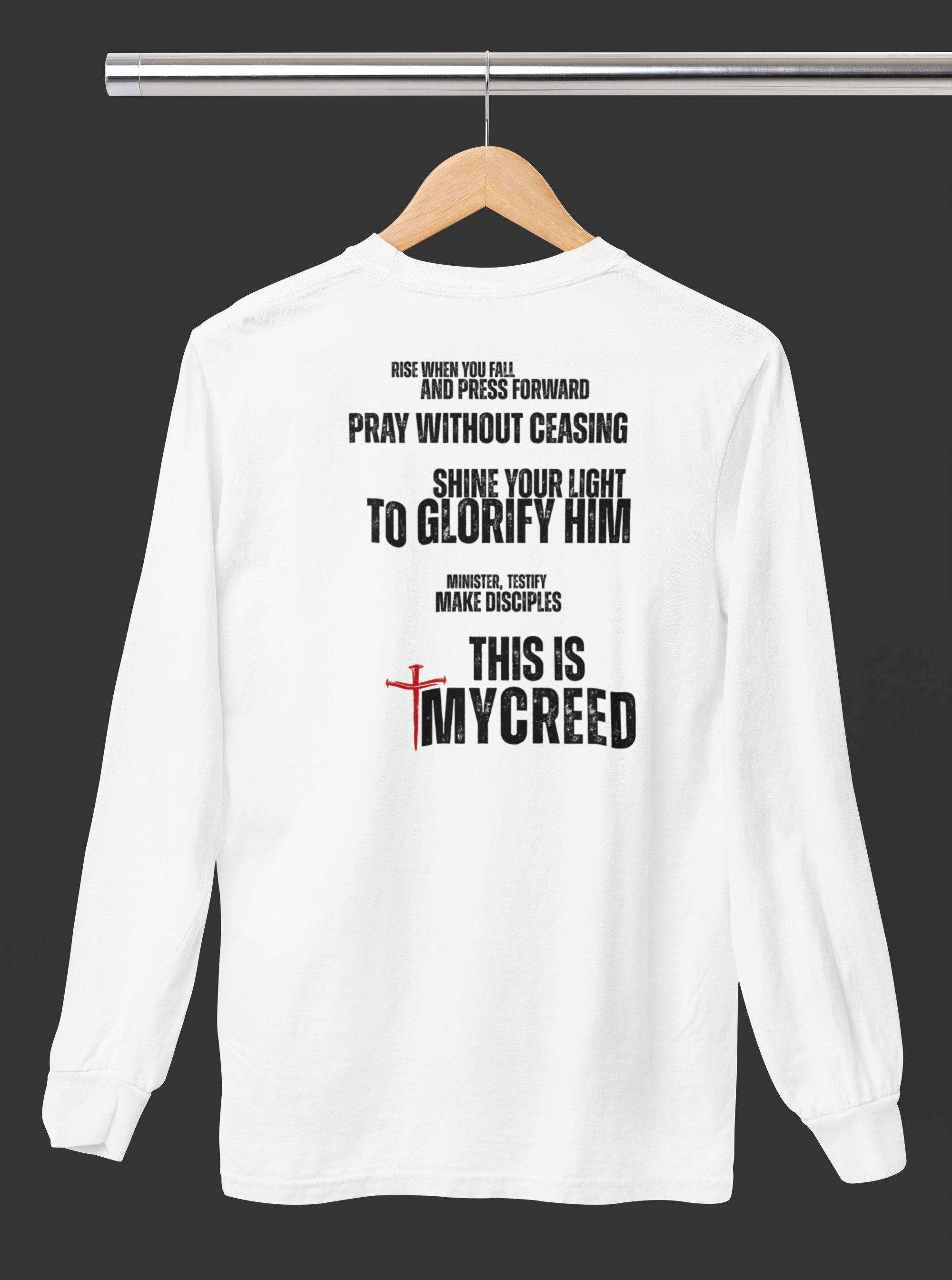 Back print of The Declaration long sleeve Christian tee by MyCreed featuring bold faith statements and Matthew 5:16 inspiration.